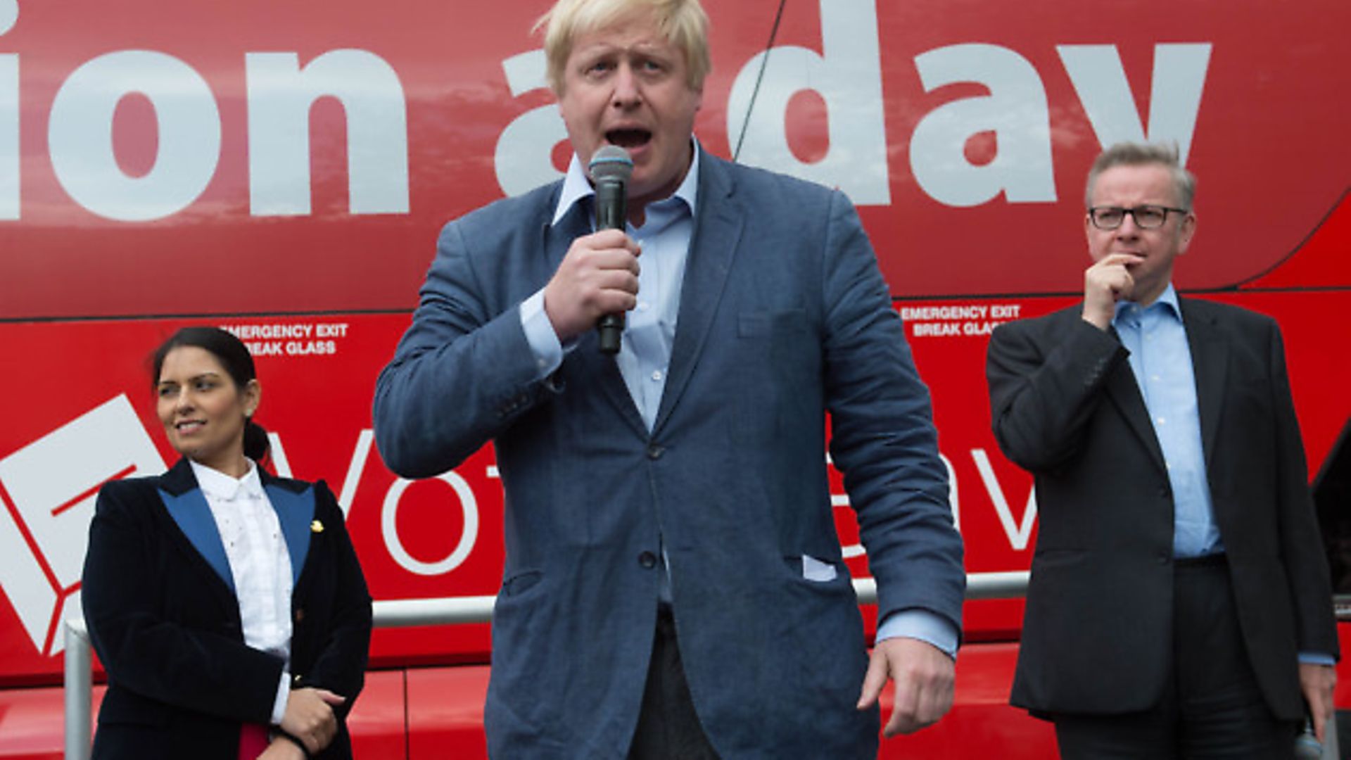 Boris Johnson speaking at a rally with Priti Patel and Michael Gove - Credit: PA Wire/PA Images