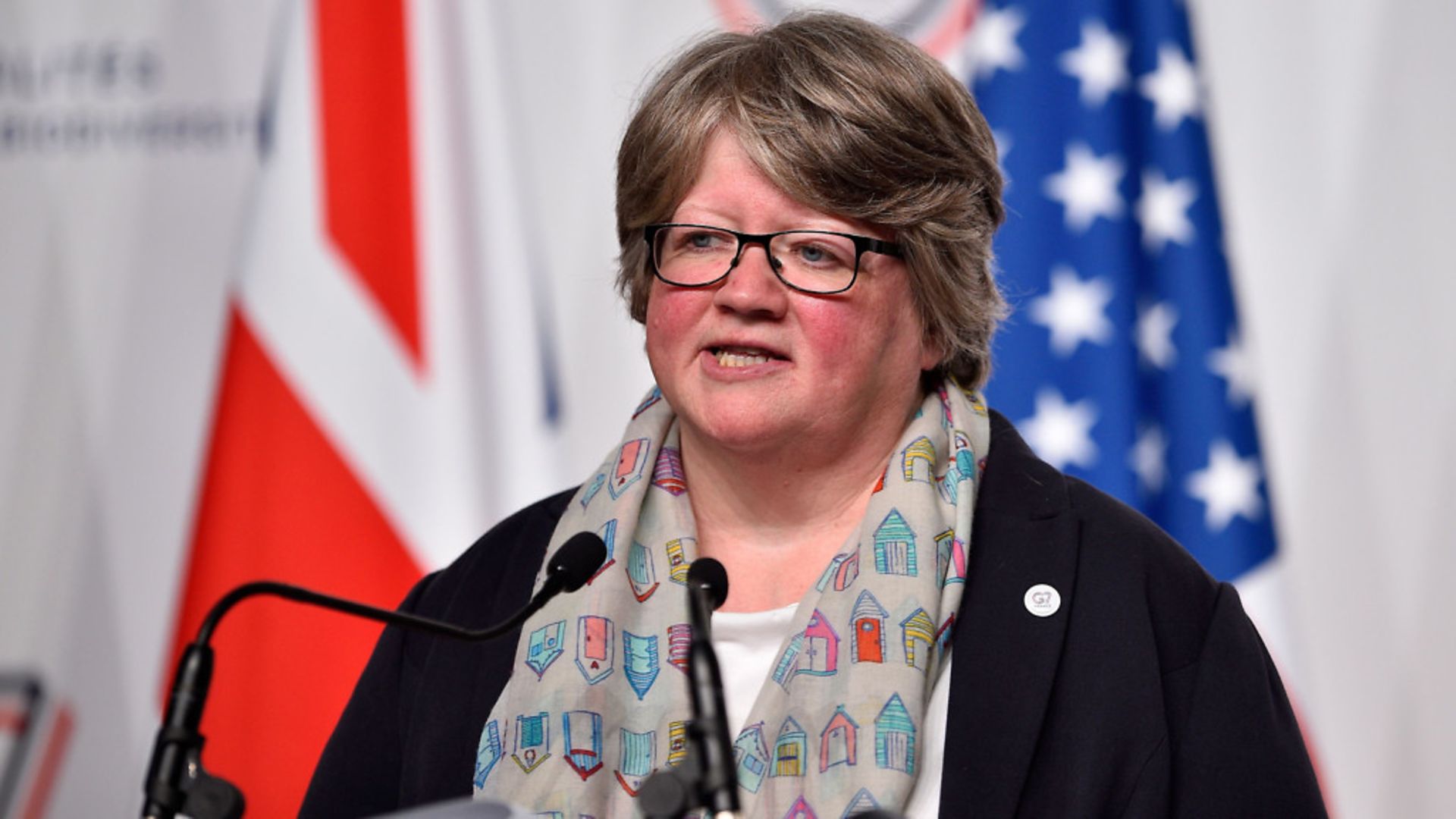 Therese Coffey, seen delivering a speech at a G7 environmental summit, is a master of the meaningless - Credit: AFP/Getty Images