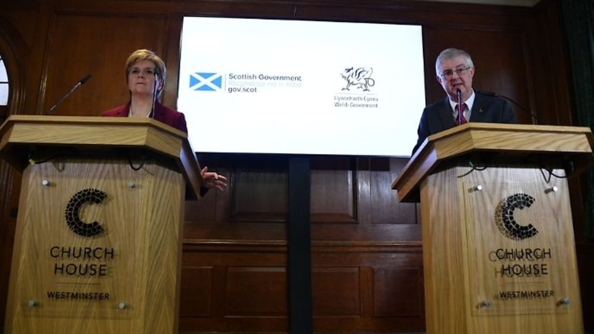 Scottish first minister Nicola Sturgeon and Welsh first minister Mark Drakeford during a joint press conference at Bishop Partridge Hall, Westminster. - Credit: Daniel Leal-Olivas/PA Archive/PA Images