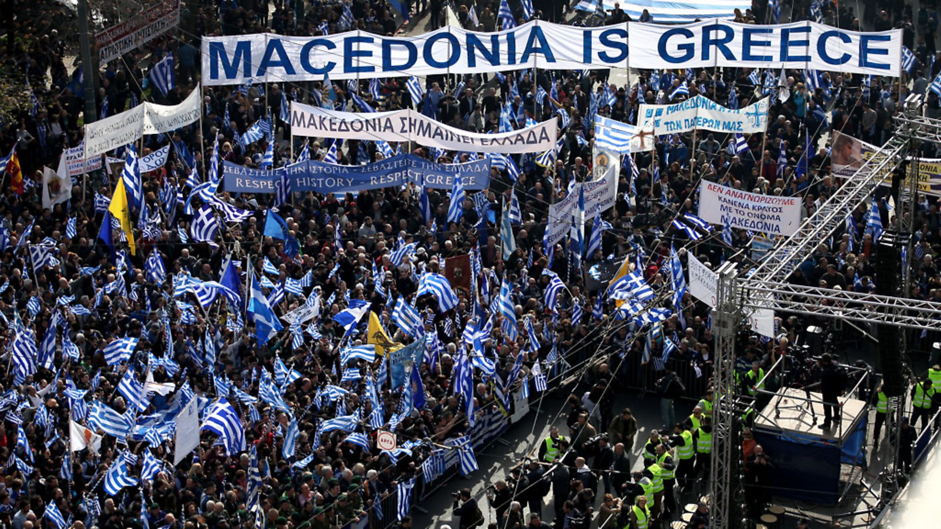 Demonstrators wave Greek national flags during a demonstration February 4, 2018 in Athens, Greece. Protesters gathered in the Greek capital for a rally to protest a potential Greek compromise in a dispute with neighbouring Macedonia over the former Yugoslav republic's official name. ( (Photo by Giorgos Georgiou/NurPhoto/Sipa USA) - Credit: SIPA USA/PA Images