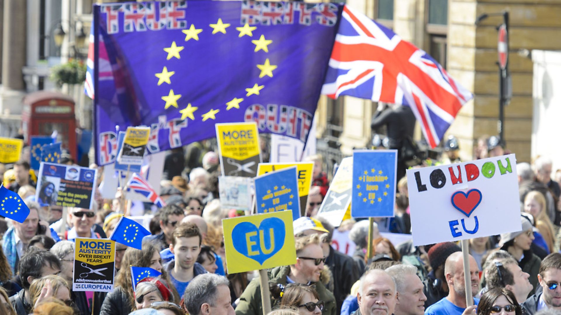 Protesters take part in a March for Europe rally against Brexit. Photograph: Matt Crossick/ EMPICS Entertainment. - Credit: Empics Entertainment