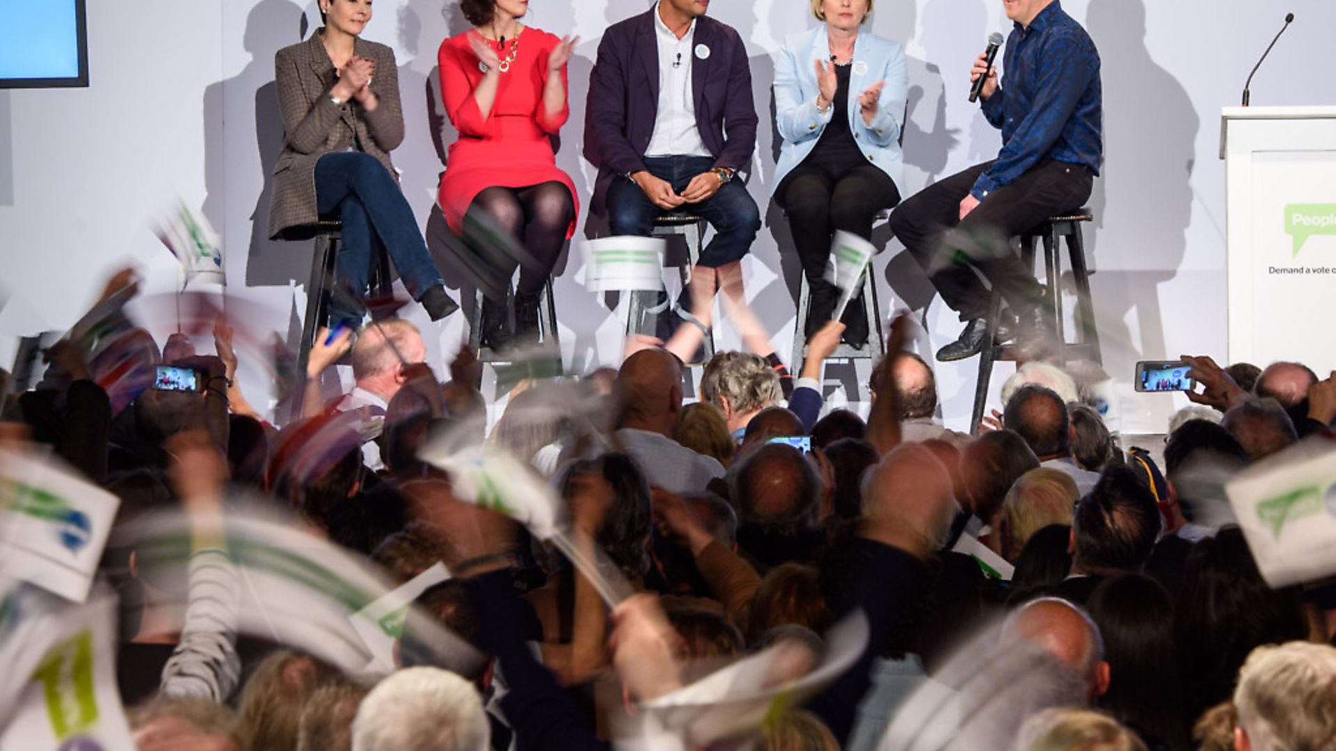 (l-r) Green MP Caroline Lucas, Liberal Democrat MP Layla Moran, Labour MP Chuka Umunna, Conservative MP Anna Soubry and comedian Andy Parsons pictured at a rally to launch People's Vote - a campaign demanding a vote on the final Brexit deal, at the Electric Ballroom in Camden, north London on Sunday April 15, 2018. Photo: Matt Crossick/ EMPICS Entertainment. - Credit: Empics Entertainment