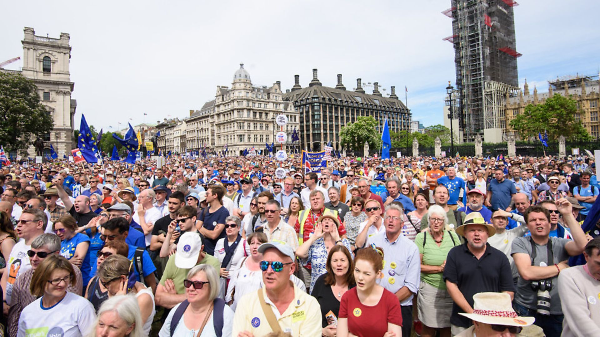 Anti-Brexit demonstrators fill Parliament Square in central London, during the People's Vote march, which called for a vote on the final Brexit deal. Photo: Matt Crossick/EMPICS Entertainment. - Credit: Empics Entertainment