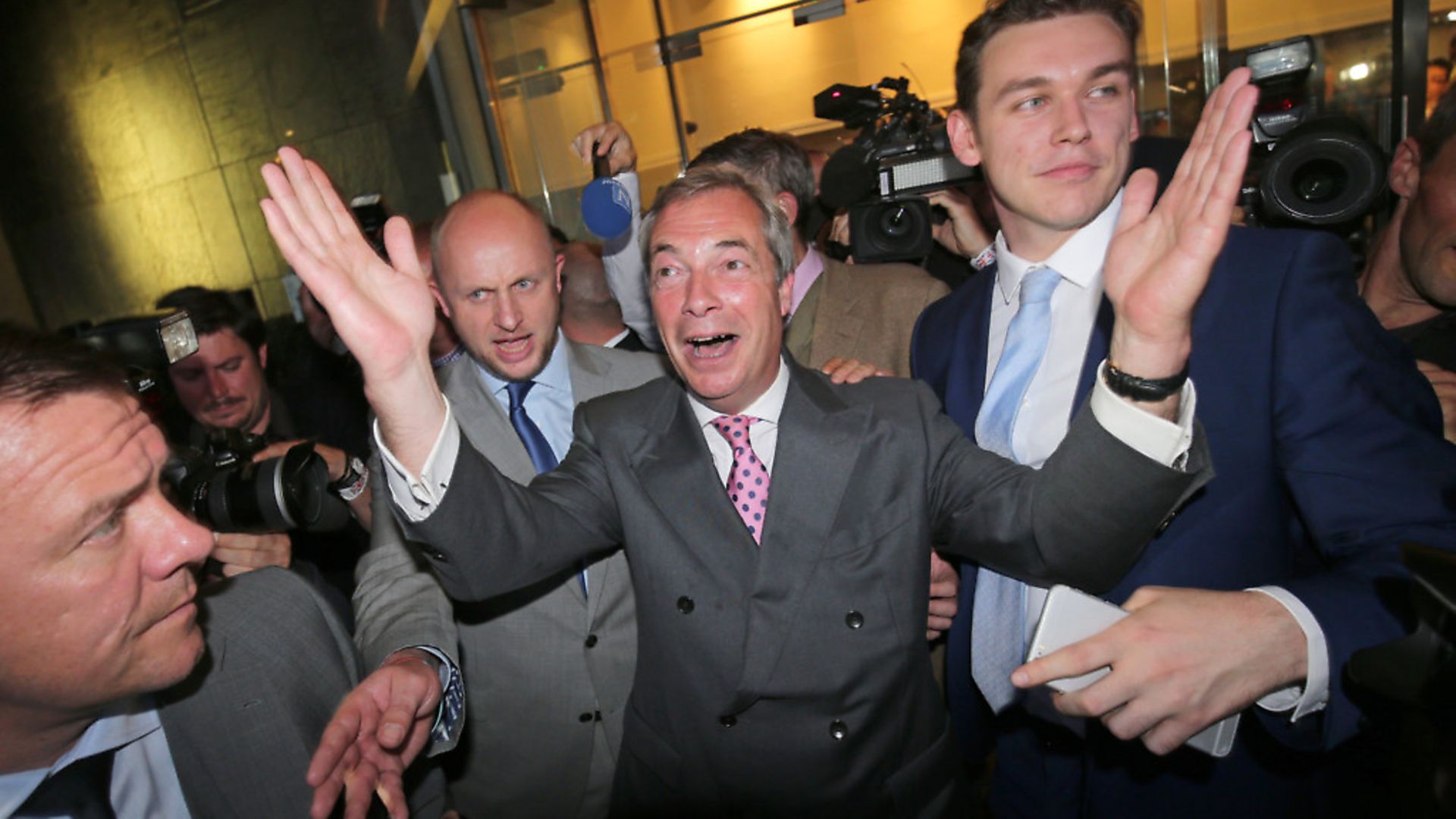 Nigel Farage reacts to the Brexit vote following the EU referendum. PHOTO: MICHAEL KAPPELER/ DPA. - Credit: DPA/PA Images