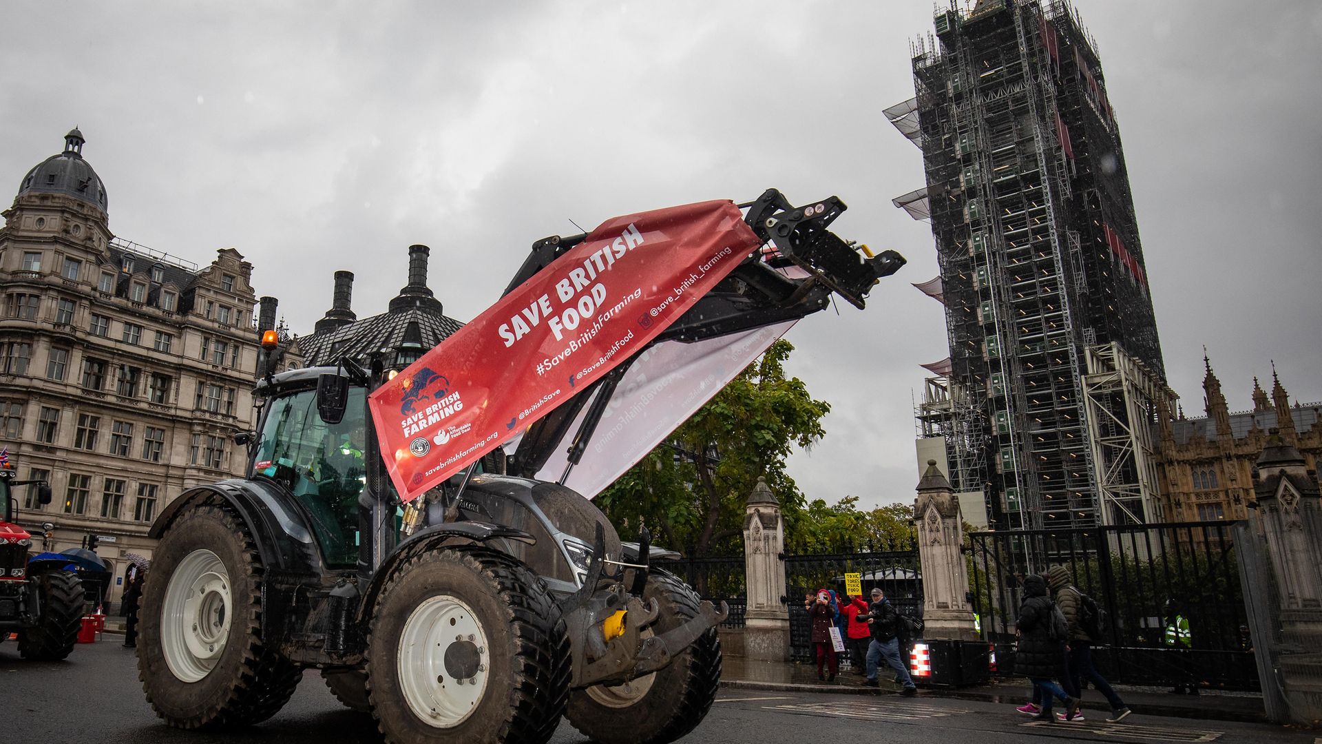 Farmers in tractors take part in a protest over food and farming standards, organised by Save British Farming (SBF), Westminster, London, on the day the amended Agricultural Bill returns to the House of Commons. Photo: PA