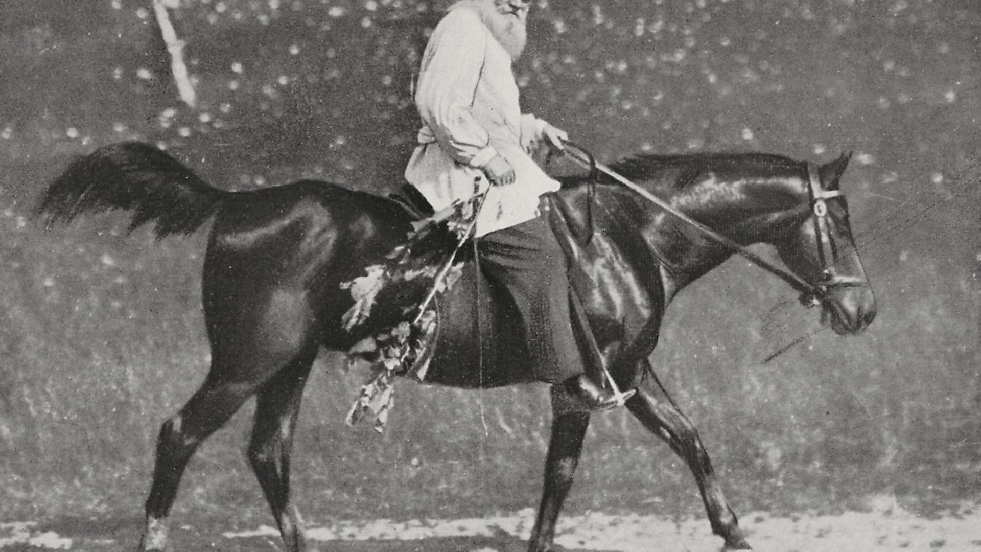 Lev Tolstoy (1828-1910) on horseback at his residence in Yasnaya Polyana, Russia, photo by Brocherel, from L'Illustrazione Italiana, November 20, 1910. - Credit: De Agostini via Getty Images