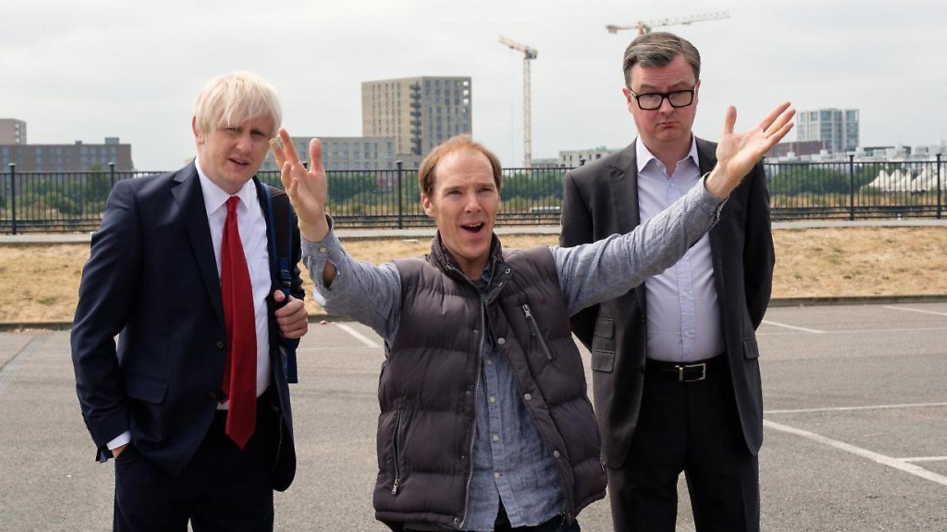 Benedict Cumberbatch as Dominic Cummings (centre) alongside the characters of Boris Johnson and Michael Gove. Photograph: Channel 4. - Credit: Archant