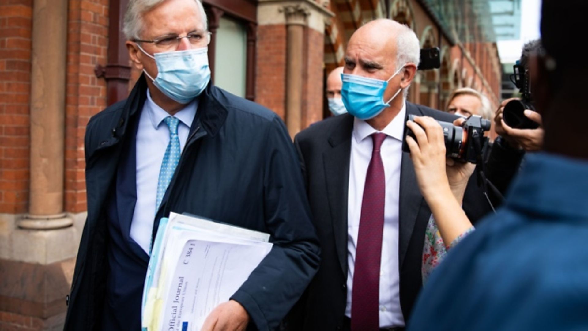 EU's chief negotiator Michel Barnier (left) arriving from the Eurostar with EU Ambassador to the UK, Portuguese diplomat Joao Vale de Almeida at St Pancras International railway station, London. Photograph: Aaron Chown/PA Wire