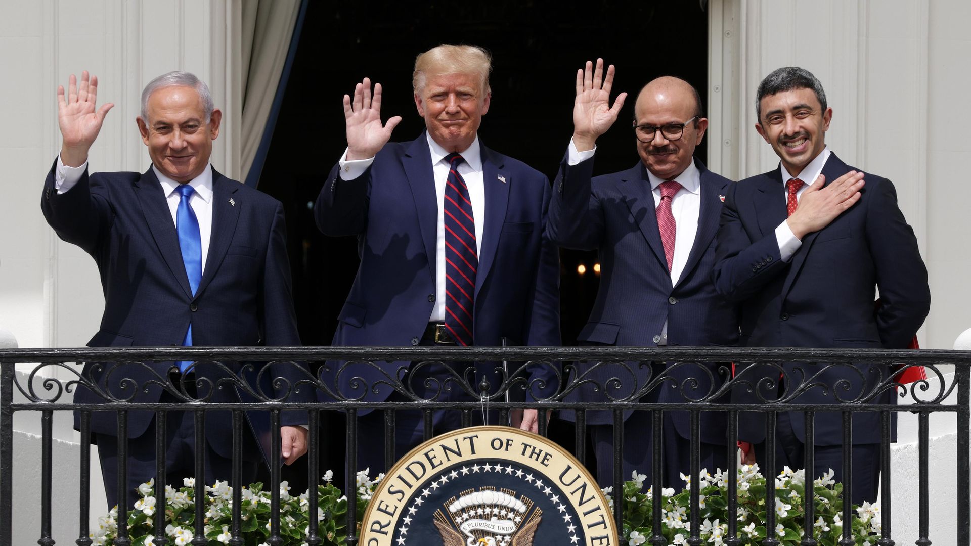 Benjamin Netanyahu, U.S. President Donald Trump, Foreign Affairs Minister of Bahrain Abdullatif bin Rashid Al Zayani, and Foreign Affairs Minister of the United Arab Emirates Abdullah bin Zayed bin Sultan Al Nahyan - Credit: Getty Images