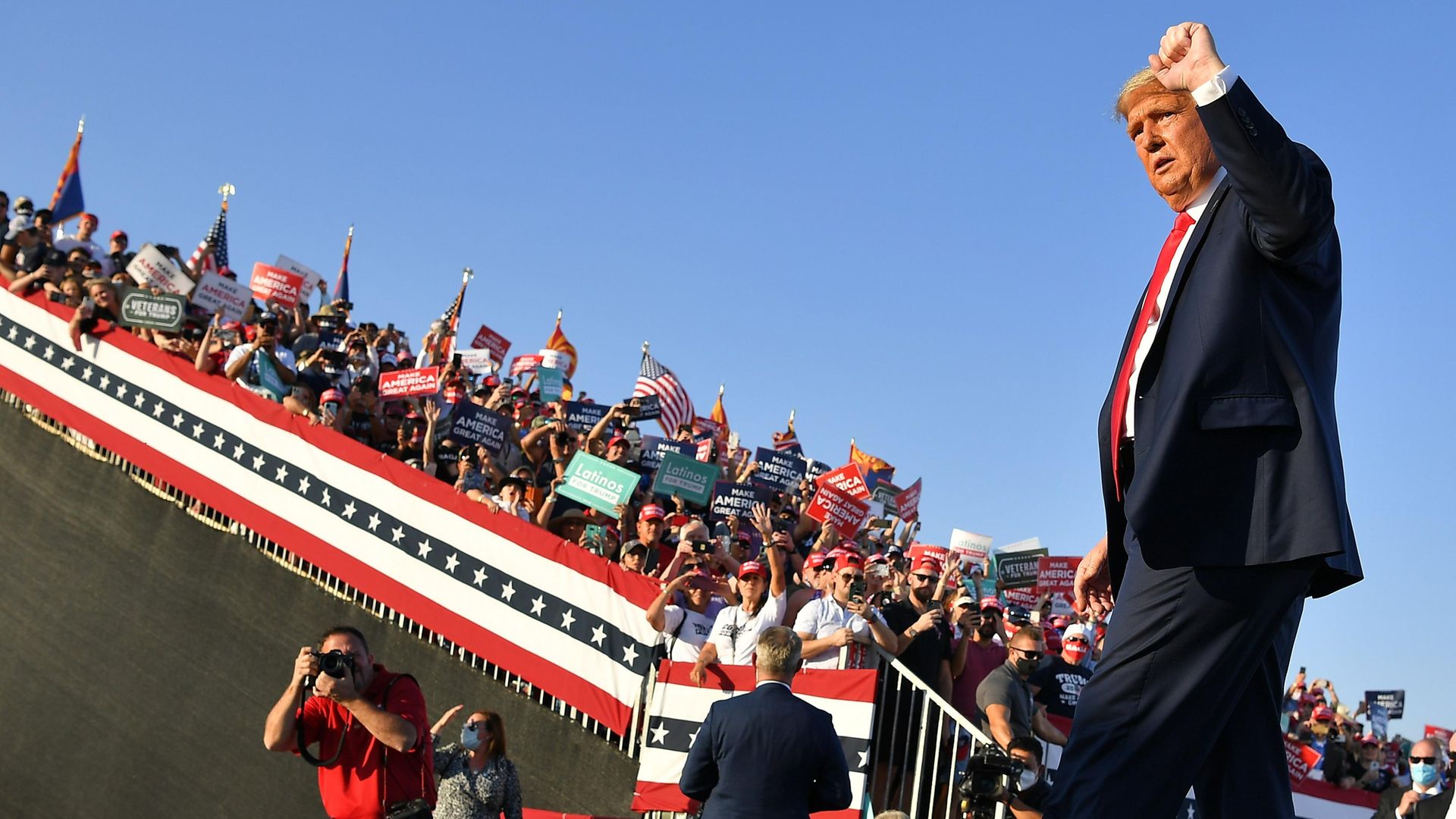 US President Donald Trump departs following a rally at Tucson International Airport in Tucson, Arizona on October 19, 2020 - Credit: AFP via Getty Images