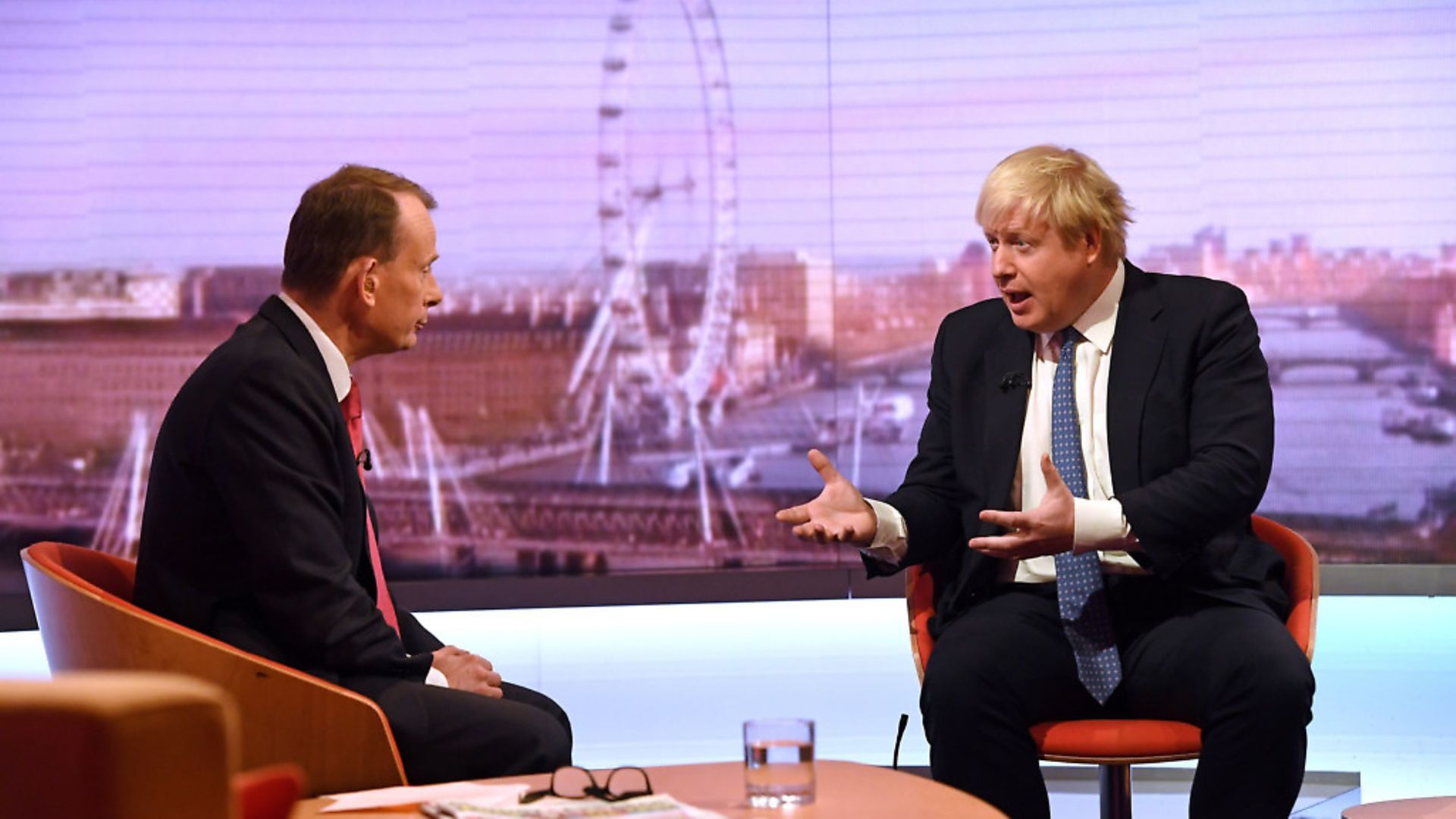 Andrew Marr (left) and Foreign Secretary Boris Johnson during filming for 
The Andrew Marr Show. Photograph: Victoria Jones/PA. - Credit: PA Archive/PA Images