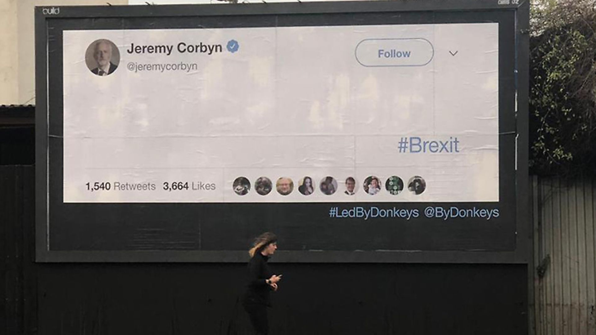 Led by Donkeys billboard featuring a blank tweet in Jeremy Corbyn's Islington North constituency in protest over what they claim is his lack of leadership on Brexit. Photograph: Supplied. - Credit: PA