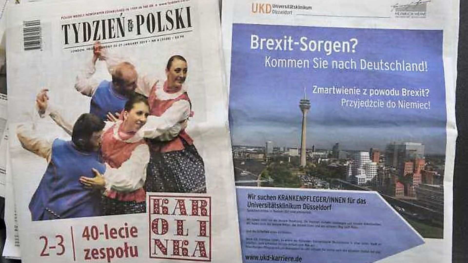 The advert from the university hospital of Dusseldorf encouraging nurses in the UK worried about Brexit to move to Germany - Credit: PA