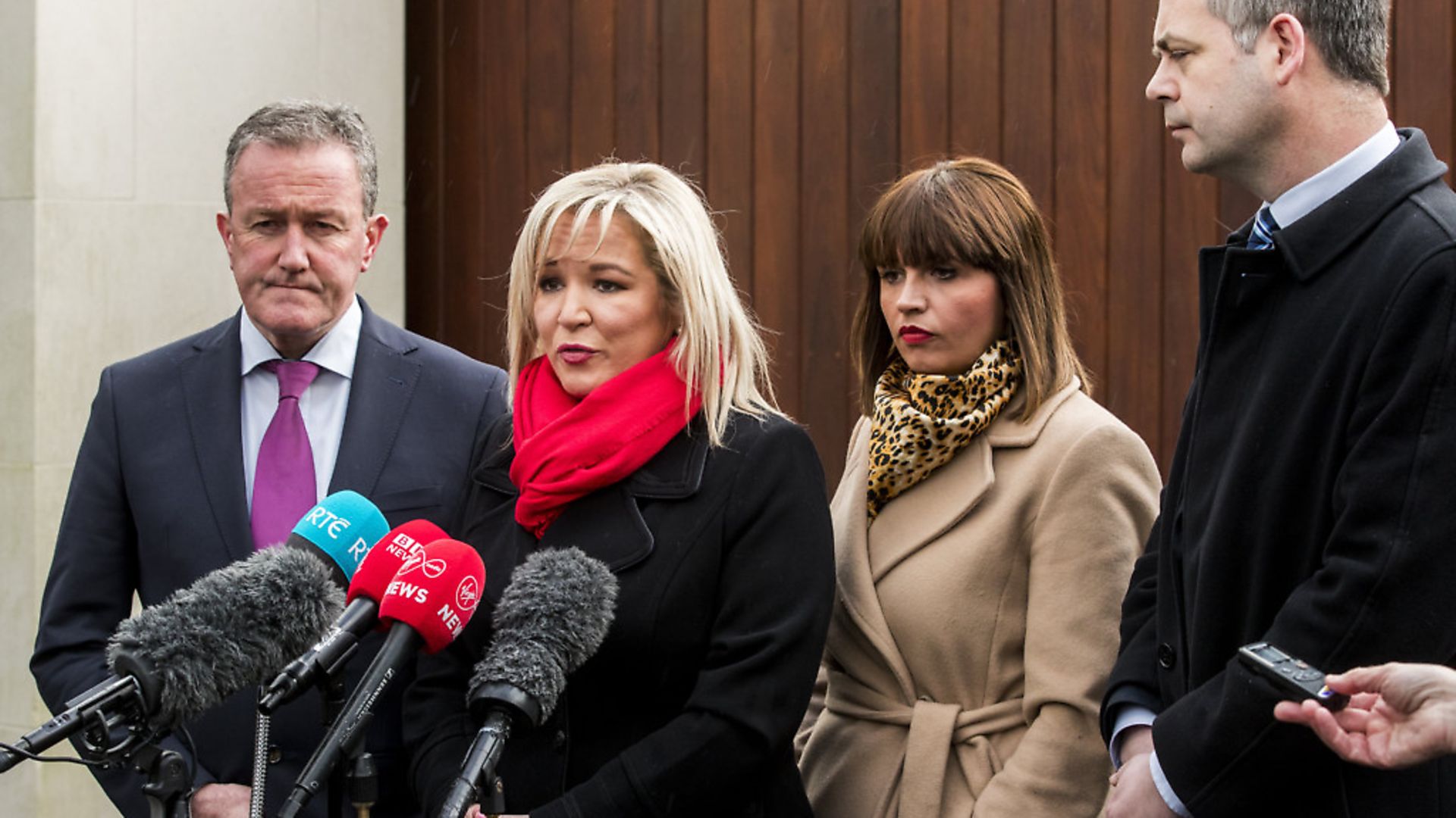 Conor Murphy MLA, Sinn Fein leader at Stormont Michelle O'Neill, Elisha McCallion MP and Sinn Fein TD Pearse Doherty in Belfast, Northern Ireland. Photograph: Liam McBurney/PA. - Credit: PA Wire/PA Images