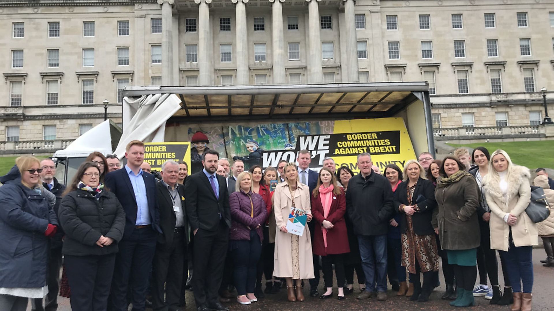Border Communities Against Brexit launch a new billboard at Stormont and announce a day of protest on March 30 against a hard border. Photograph: Rebecca Black/PA Wire - Credit: PA