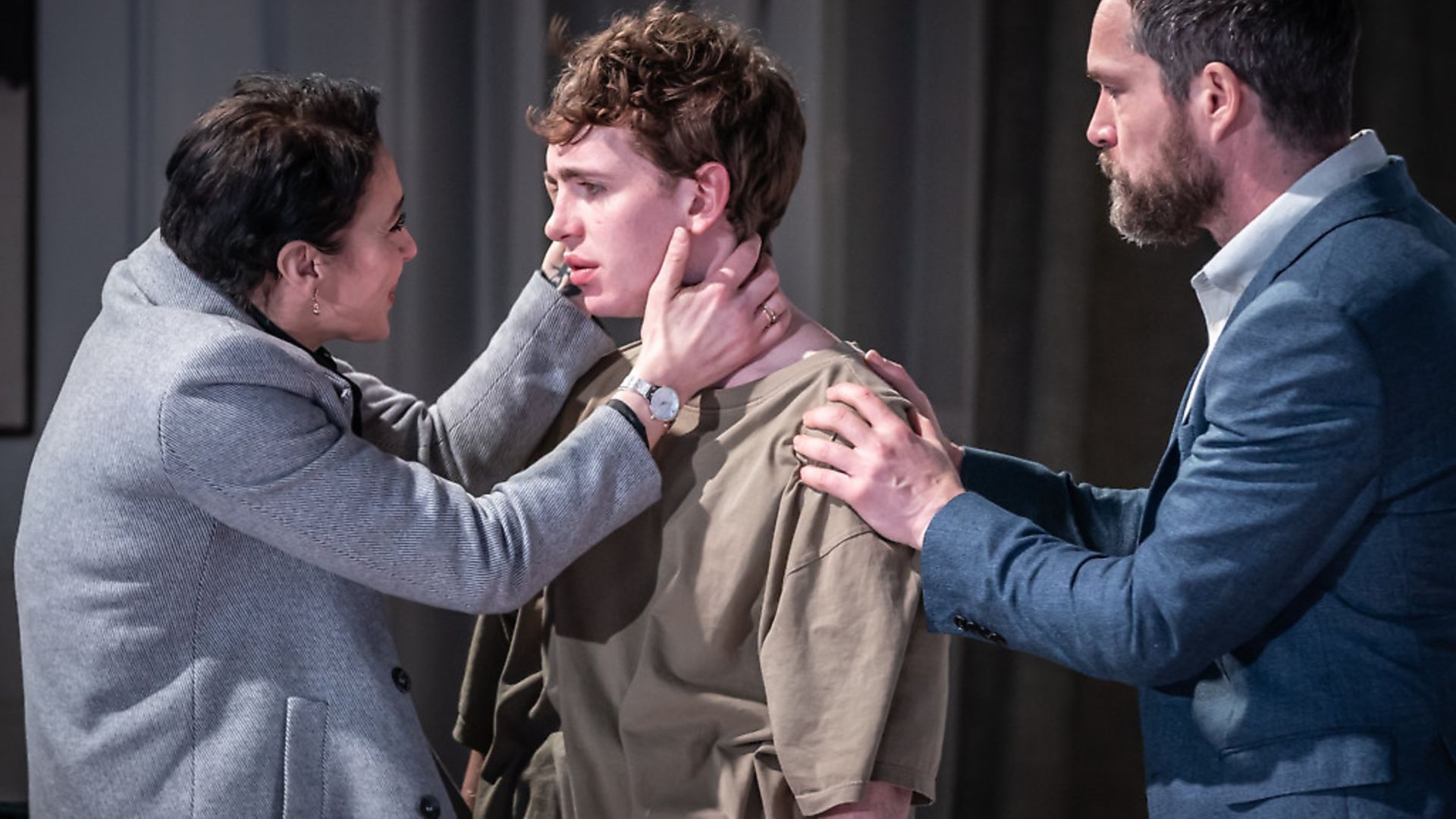 Amanda Abbington as Anne, Laurie Kynaston as Nicolas and John Light as Pierre in The Son at The Kiln picture by Marc Brenner - Credit: Archant