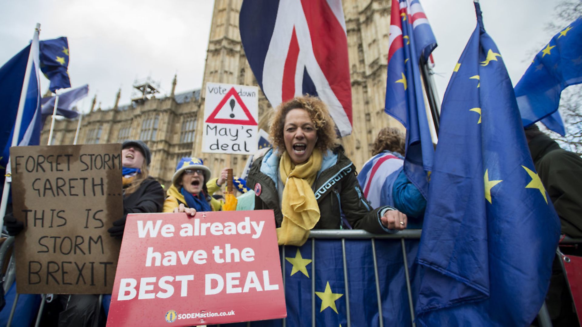 Anti-Brexit supporters out in force outside the House of Commons in Westminster. Photograph: David Mirzoeff/PA Wire - Credit: PA