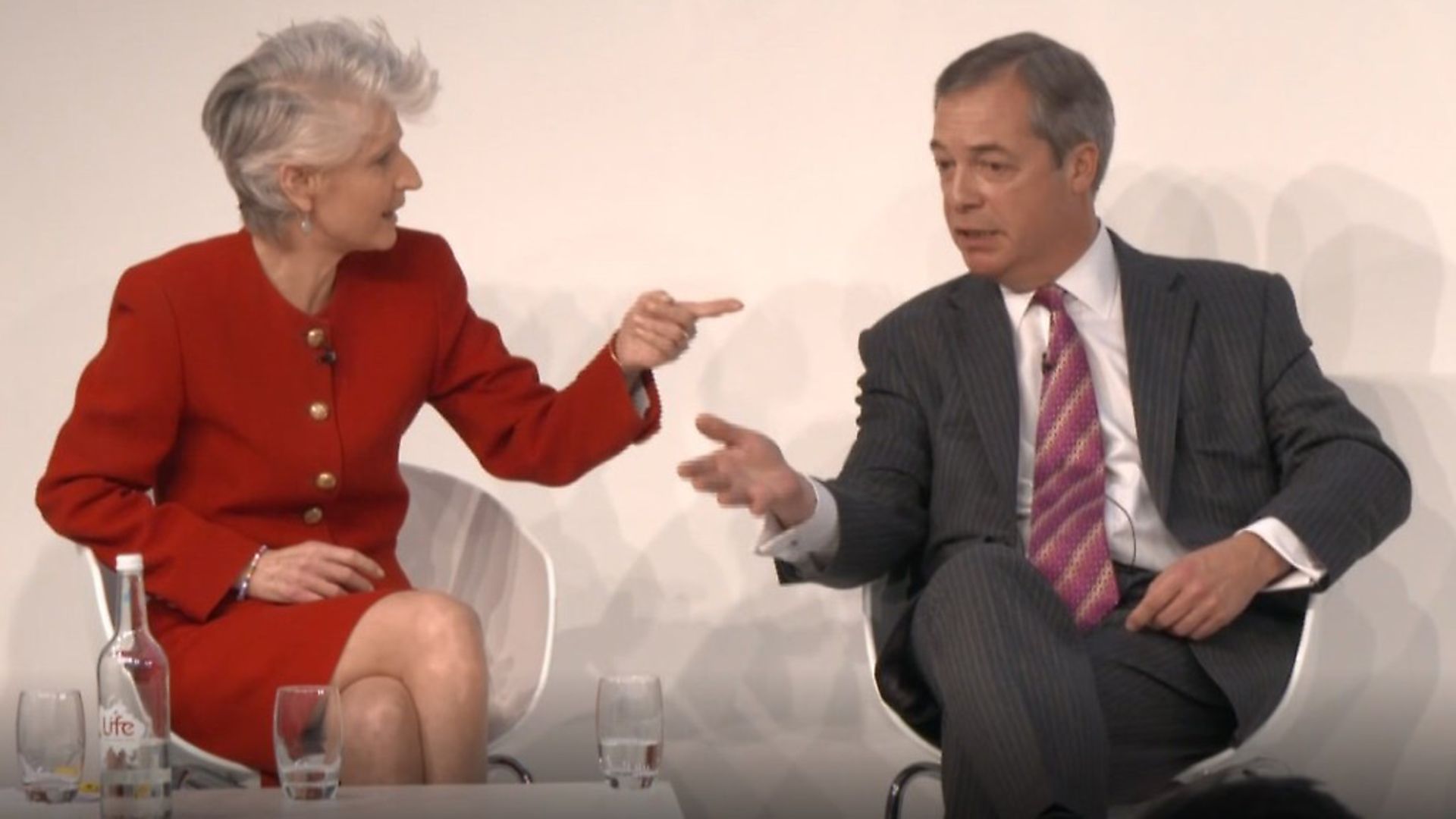 Swedish MEP Anna Maria Corazza Bildt and Nigel Farage debate at the Euronews conference held in London - Credit: Euronews
