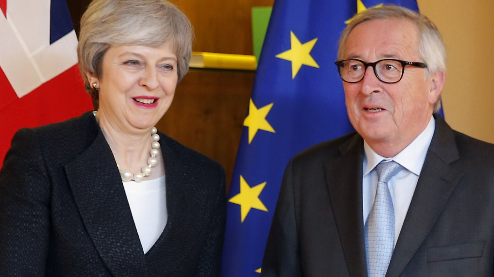 Theresa May, left, poses for the media with European Commission President Jean-Claude Juncker in Strasbourg, France. (Vincent Kessler/Pool Photo via AP) - Credit: AP