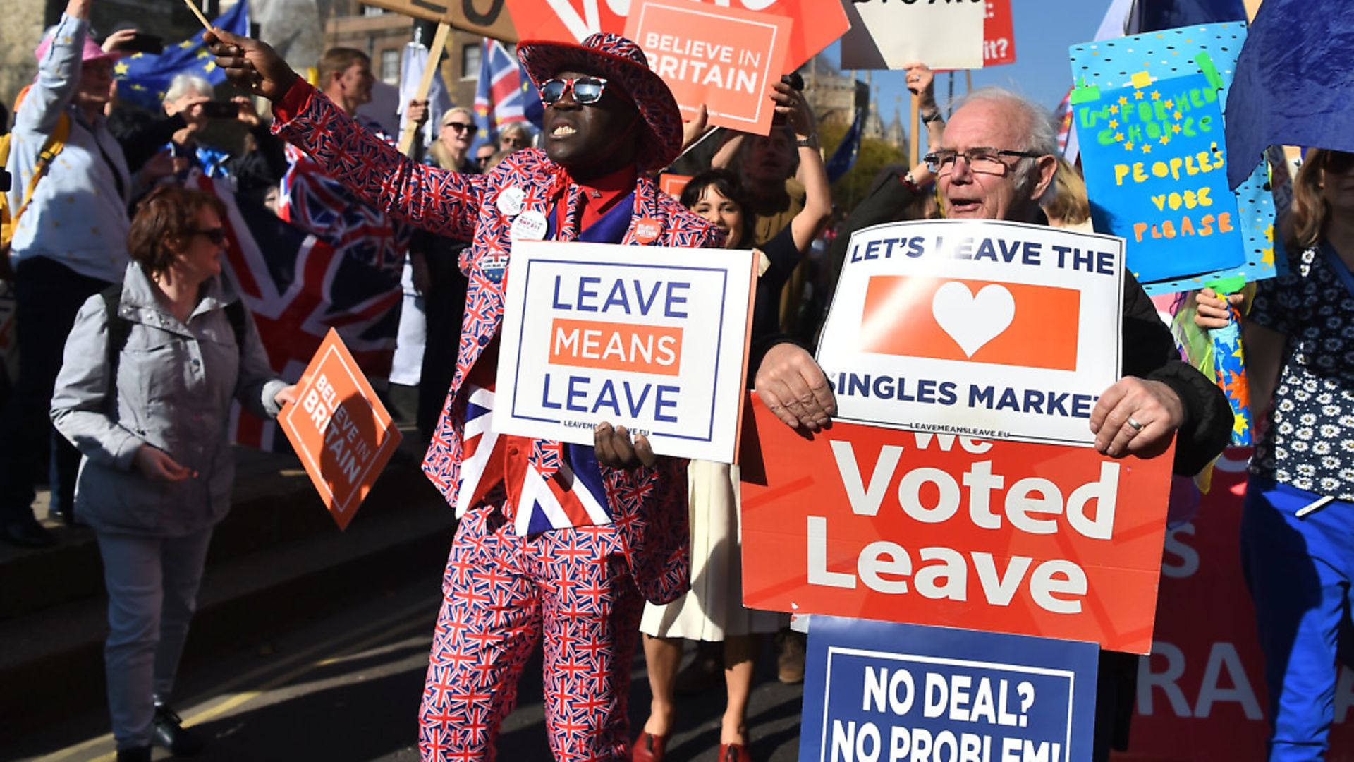Pro-Brexit demonstrators on Millbank, Westminster. Photograph: Kirsty O'Connor/PA Wire. - Credit: PA