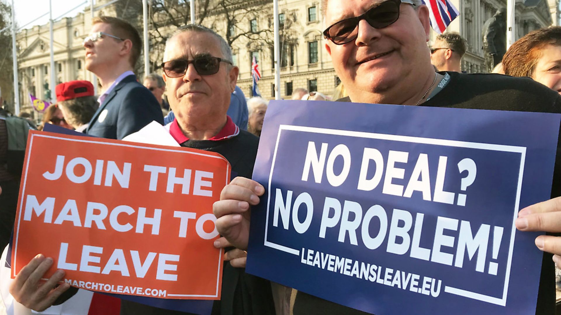 Brexit demonstrators Les Curtis (left) and Ray Finch (right) in Parliament square London. They were hoping for a no-deal Brexit. Photograph: Tess De La Mere/PA. - Credit: PA Wire/PA Images