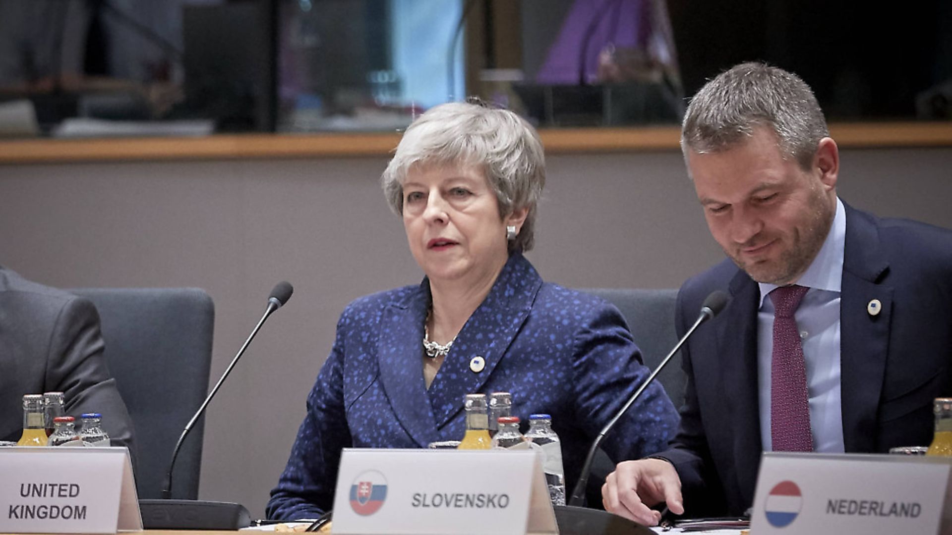 Theresa May sat next to the Prime Minister of Slovakia Peter Pellegrini during the European Leaders' summit in Brussels. Photograph: Mario Salerno/European Union/PA Wire. - Credit: PA