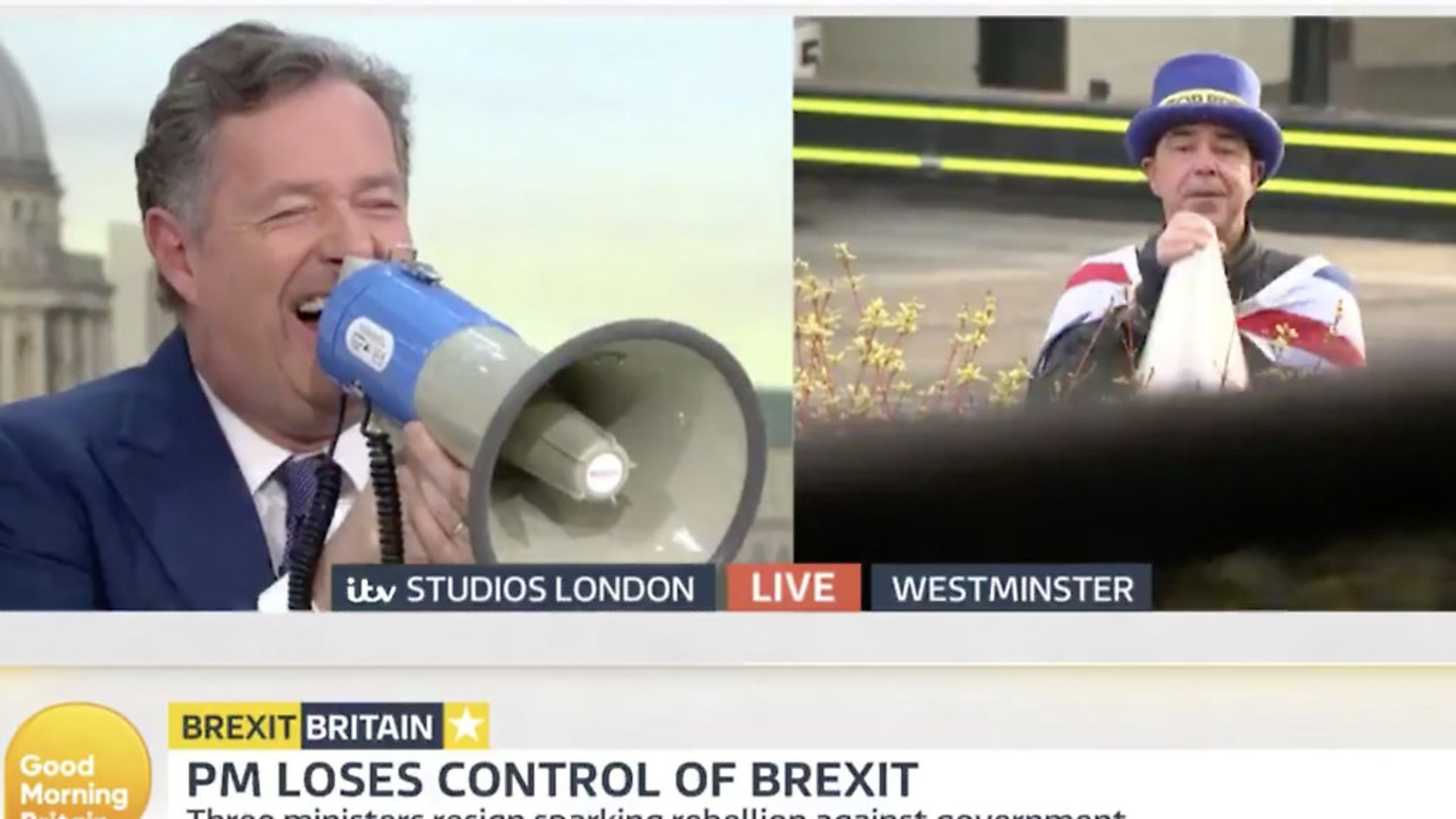 Piers Morgan turns his attention to 'stop Brexit guy' Steve Bray on Good Morning Britain. Photograph: ITV - Credit: Archant