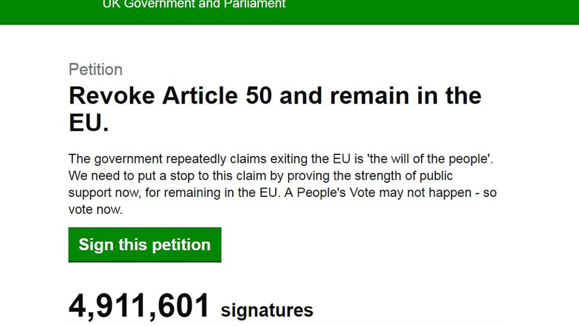 An earlier screenshot of the Revoke Article 50 petition before it hit five million signatures. - Credit: Archant