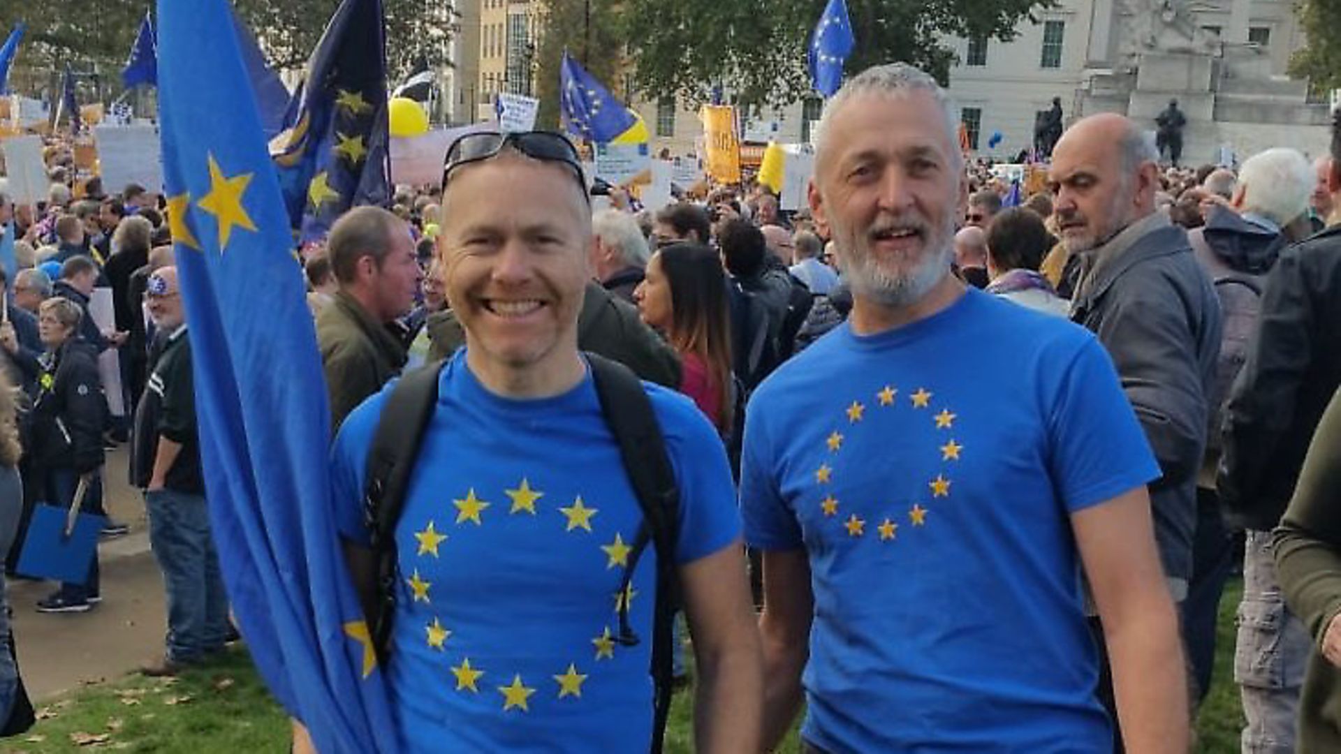 Simon Birch (r), in the EU t-shirt that was rubbished by a Virgin Trains cleaner, and partner Charlie Sherrington (l) - Credit: Simon Birch