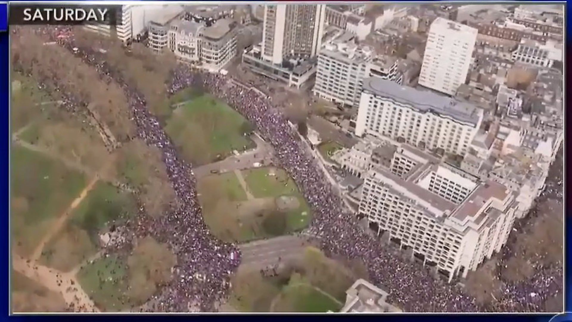 Aerial footage of a People's Vote March on Stephen Colbert's CBS show. Photograph: CBS. - Credit: Archant