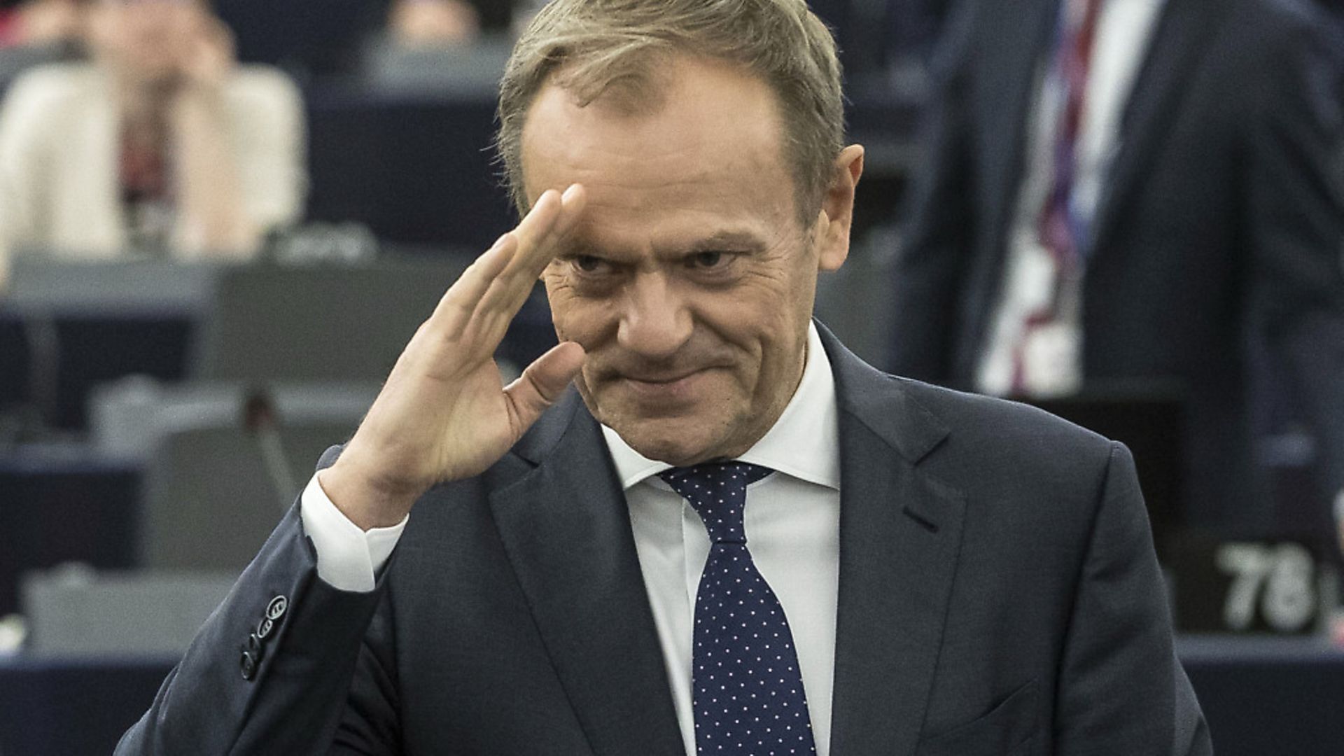 European Council President Donald Tusk waves at the European Parliament in Strasbourg. (AP Photo/Jean-Francois Badias) - Credit: AP