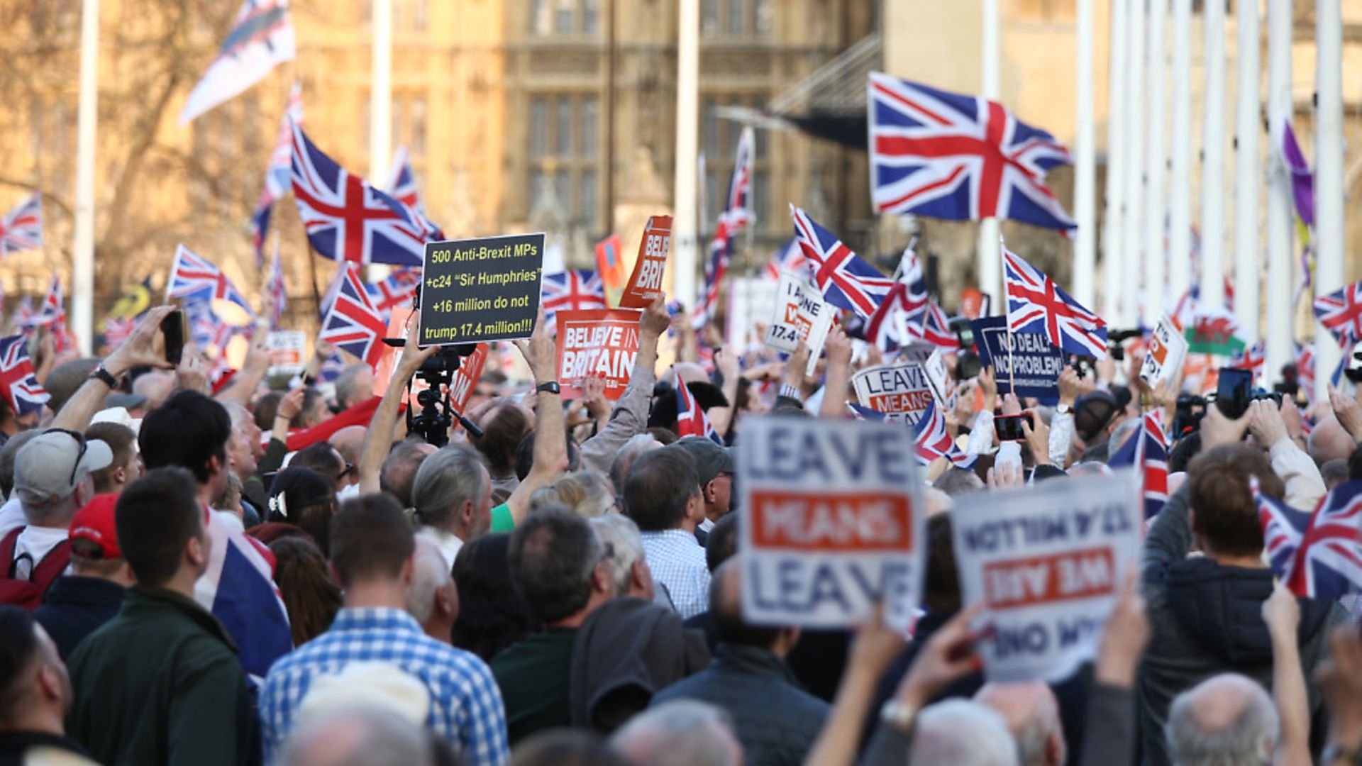 Protesters in Parliament Square, during The March to Leave protest. Photograph: Yui Mok/PA Wire - Credit: PA