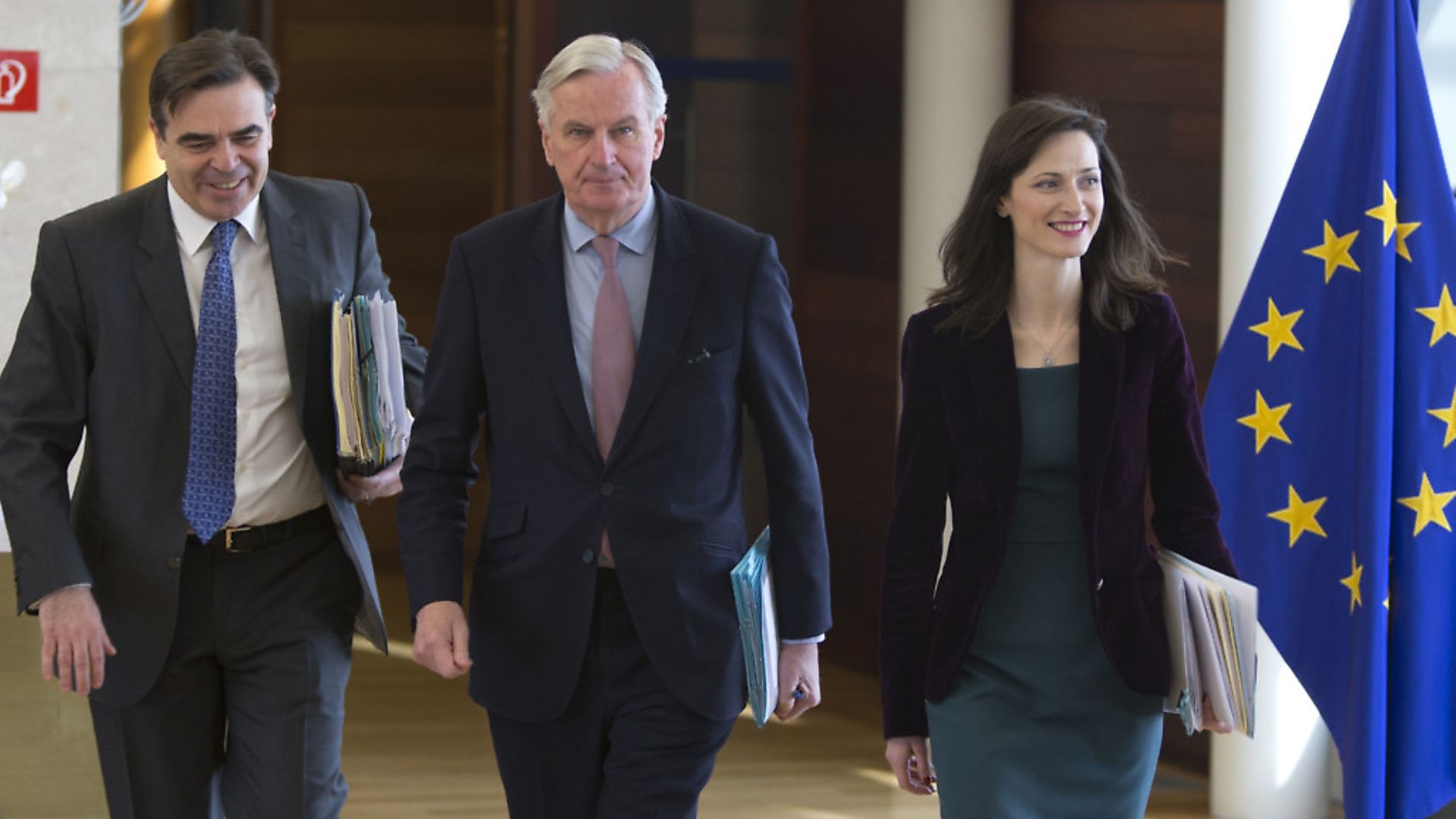 European Union chief Brexit negotiator Michel Barnier, center, arrives for a meeting of the college of commissioners at EU headquarters in Brussels. (AP Photo/Virginia Mayo) - Credit: AP