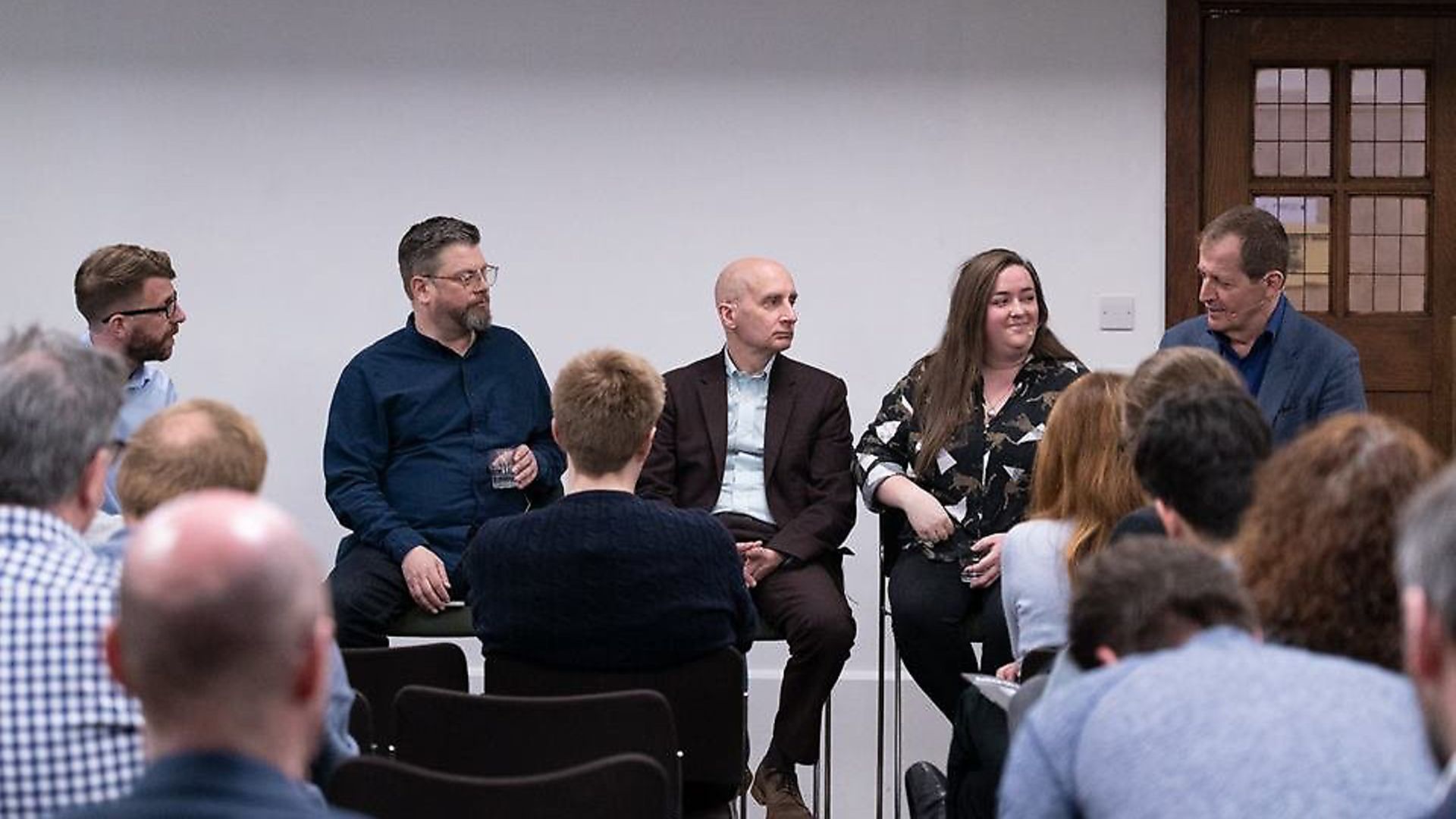 Richard Porritt, Steve Anglesey, Andrew Adonis, Amanda Chetwynd-Cowieson and Alastair Campbell at a recording of The New European podcast. Photograph: Podcast Live. - Credit: Archant