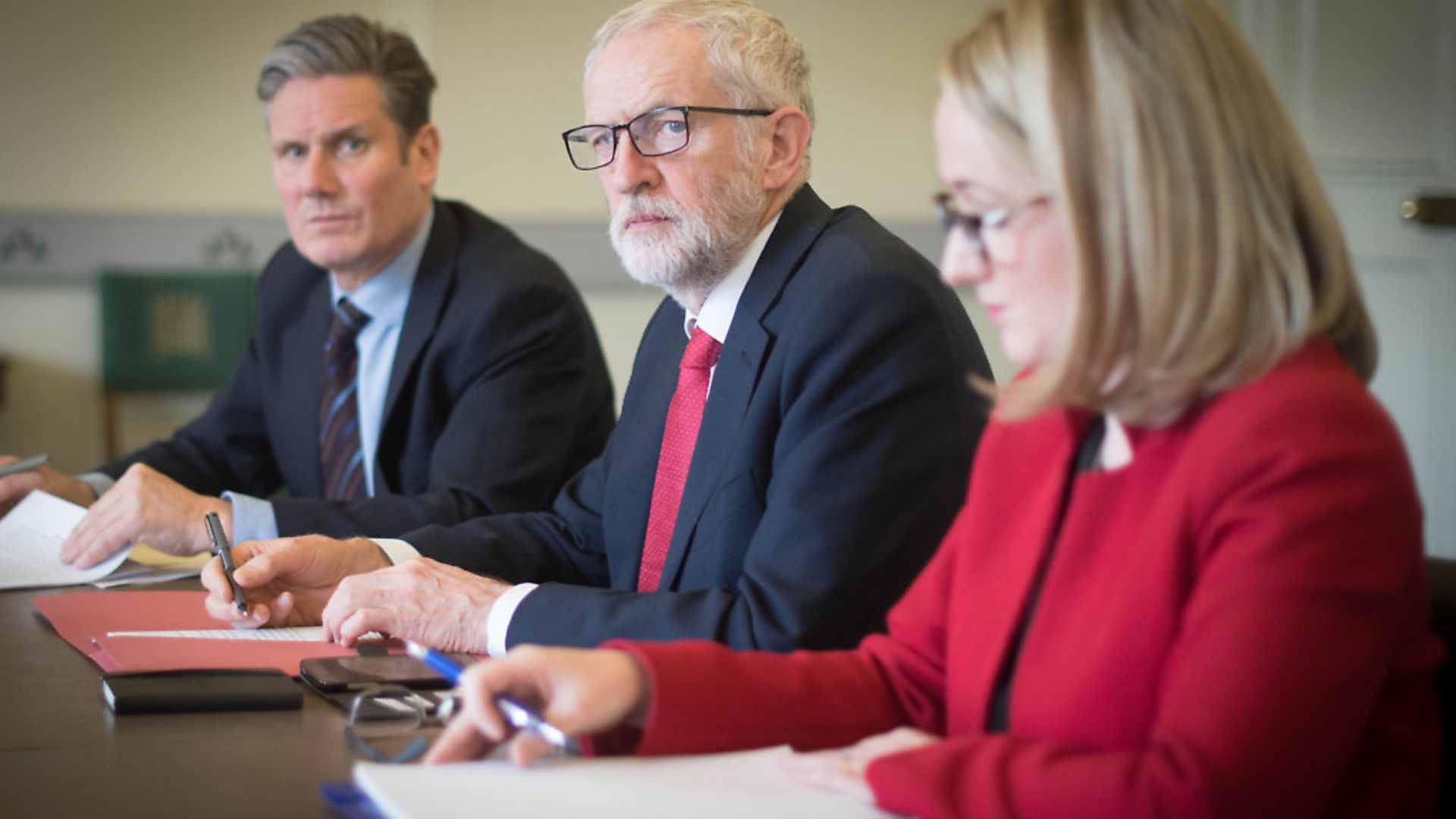 Labour leader Jeremy Corbyn (centre), shadow Brexit secretary Keir Starmer and shadow business secretary Rebecca Long-Bailey in his office in the Houses of Parliament. Photograph: Stefan Rousseau/PA Wire. - Credit: PA
