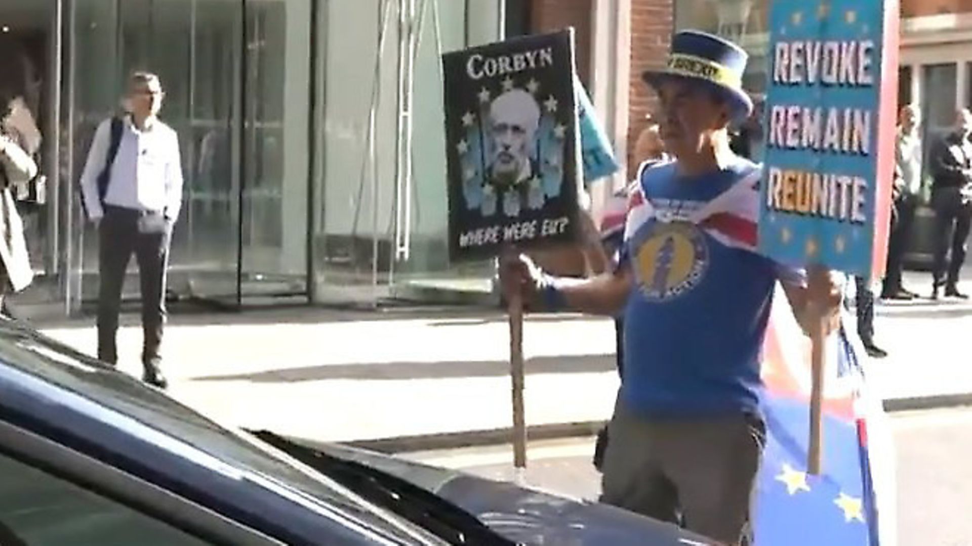 Anti-Brexit campaigners stop Jeremy Corbyn's car after the NEC meeting. Photograph: ITV News. - Credit: Archant