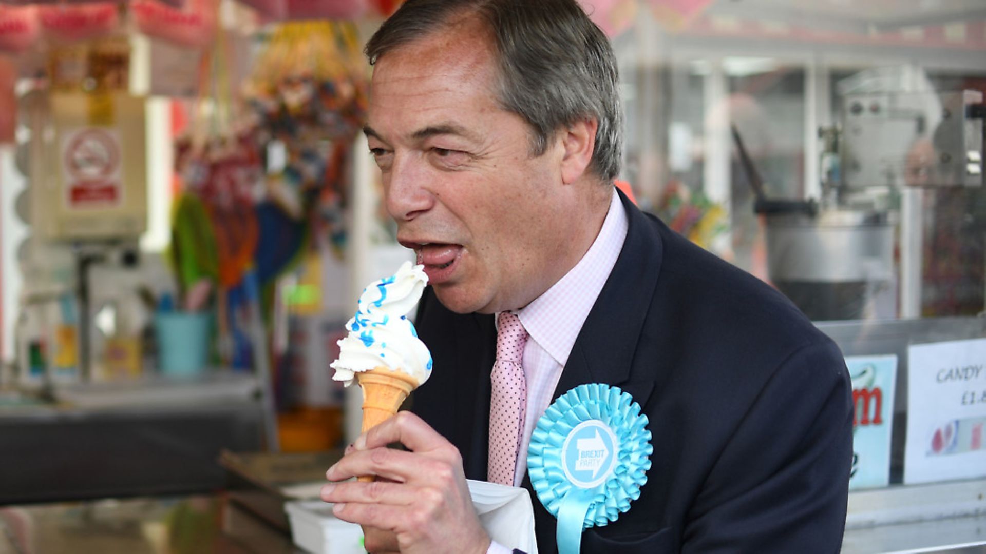 Brexit Party leader Nigel Farage with an ice cream in Canvey Island while on the European Election campaign trail. (Joe Giddens/PA Wire) - Credit: PA
