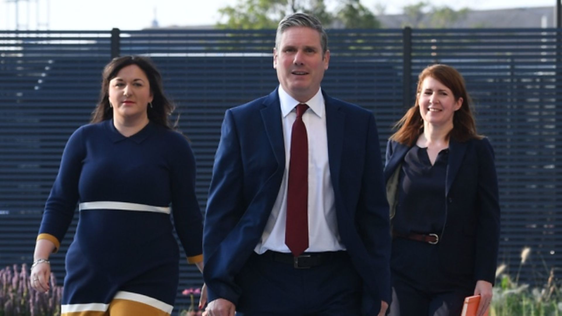 Labour leader Sir Keir Starmer arrives with Ruth Smeeth (left) and his political director Jenny Chapman, to deliver his keynote speech during the party's online conference from the Danum Gallery, Library and Museum in Doncaster. Photograph: Stefan Rousseau/PA Wire.