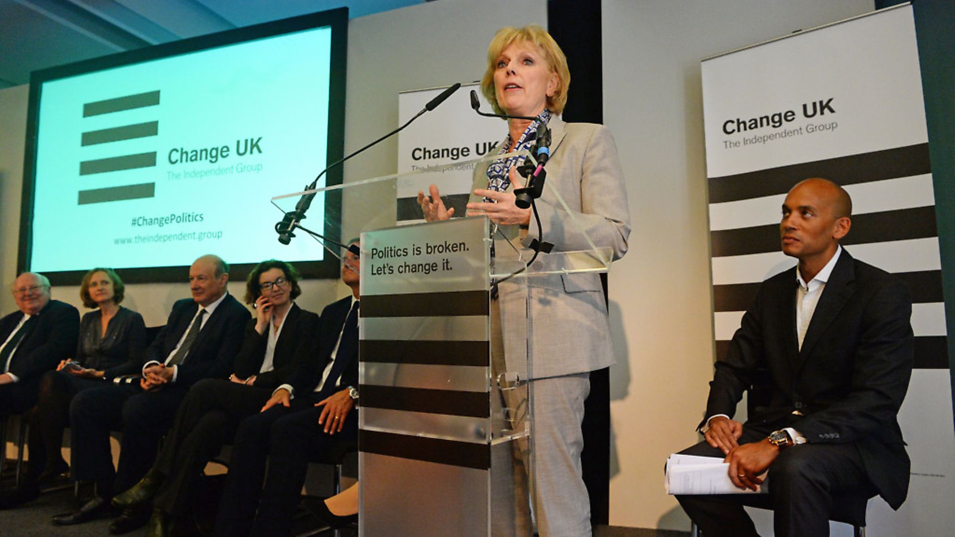 Anna Soubry, watched by Chuka Umunna and other Change UK party members, speaks during a Change UK rally. Photograph: Kirsty O'Connor/PA. - Credit: PA Wire/PA Images