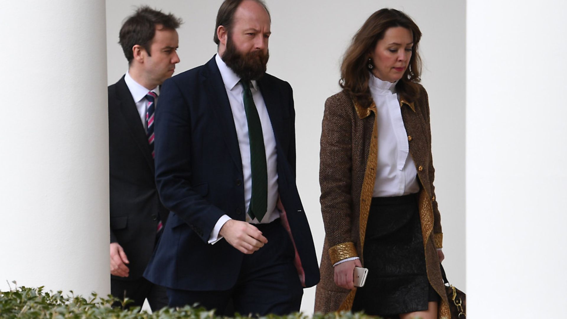 Theresa May's former chief of staff Fiona Hill (right) and Nick Timothy (centre) follow Theresa May in the White House. Photograph: Stefan Rousseau/PA. - Credit: PA Archive/PA Images