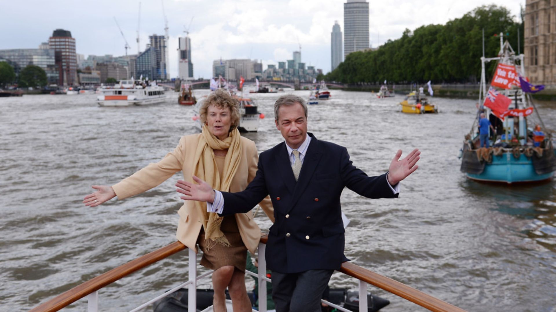 Nigel Farage and Kate Hoey on board a boat promoting 'Fishing for Leave' - Credit: PA Archive/PA Images