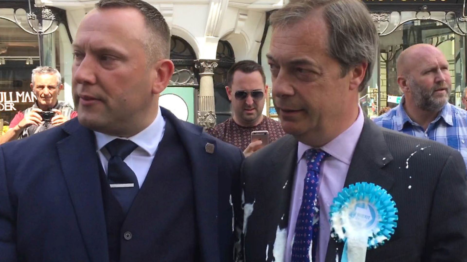 Nigel Farage after he was doused in milkshake during a campaign walkabout in Newcastle. (Tom Wilkinson/PA Wire) - Credit: PA