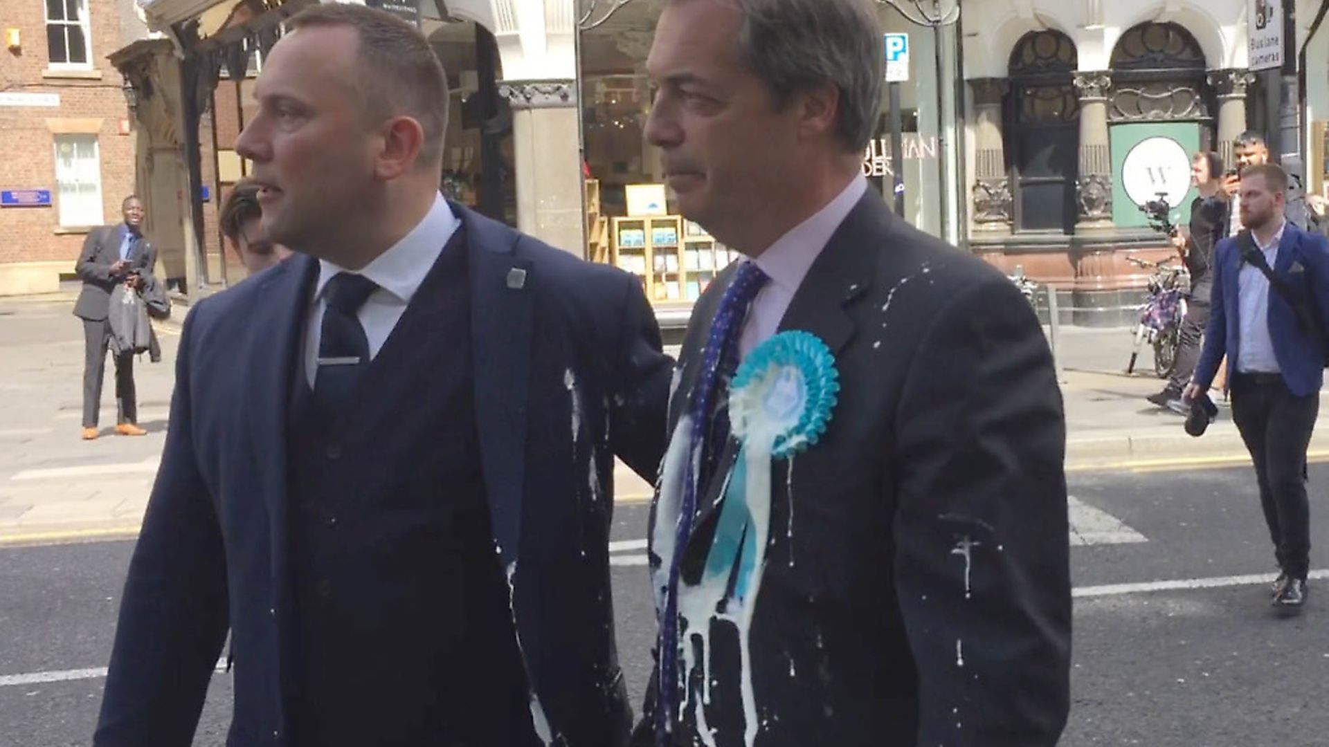Nigel Farage after he was doused in milkshake during a campaign walkabout in Newcastle. (Tom Wilkinson/PA Wire) - Credit: PA