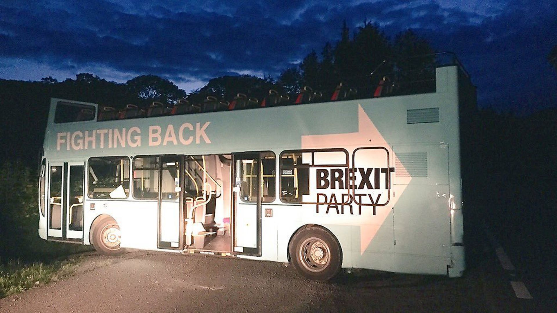 The Brexit Party bus stuck in a ditch. Photograph: Sue Charles/Twitter. - Credit: Archant