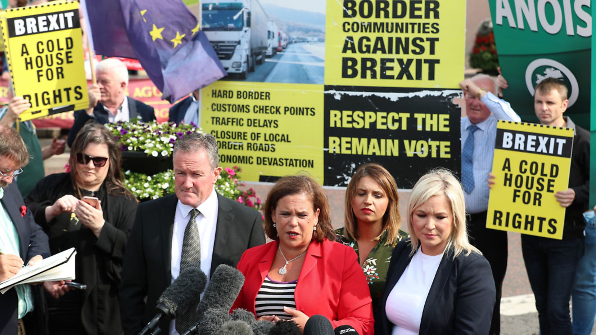 Sinn Fein president Mary Lou McDonald speaking to the media with Sinn Fein Foyle MP Elisha McCallion (second from right) and Sinn Fein deputy leader Michelle O'Neill (far right). Photograph: Liam McBurney/PA Wire - Credit: PA