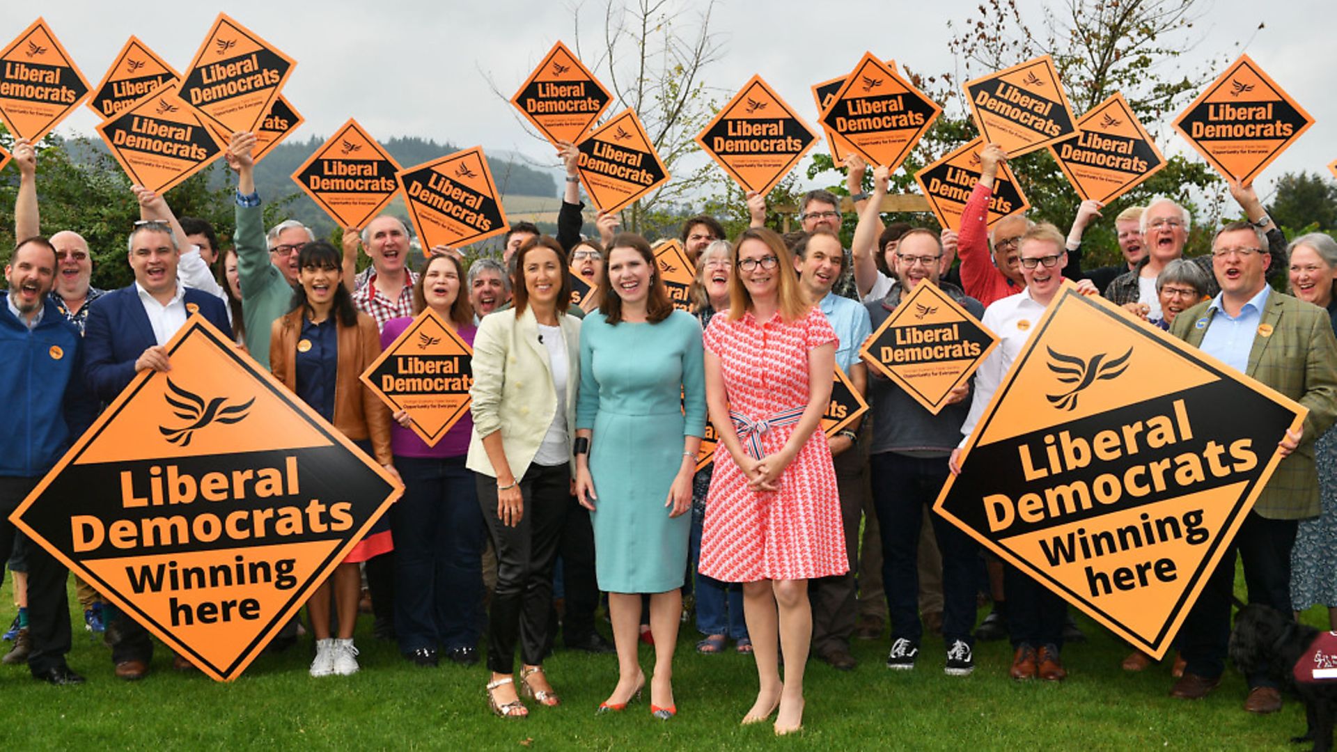(Left to right) Welsh Liberal Democrat leader Jane Dodds, newly-elected Liberal Democrat leader Jo Swinson and Kirsty Williams AM at the Castle Hotel in Brecon, Wales. Photograph: Ben Birchall/PA Wire. - Credit: PA