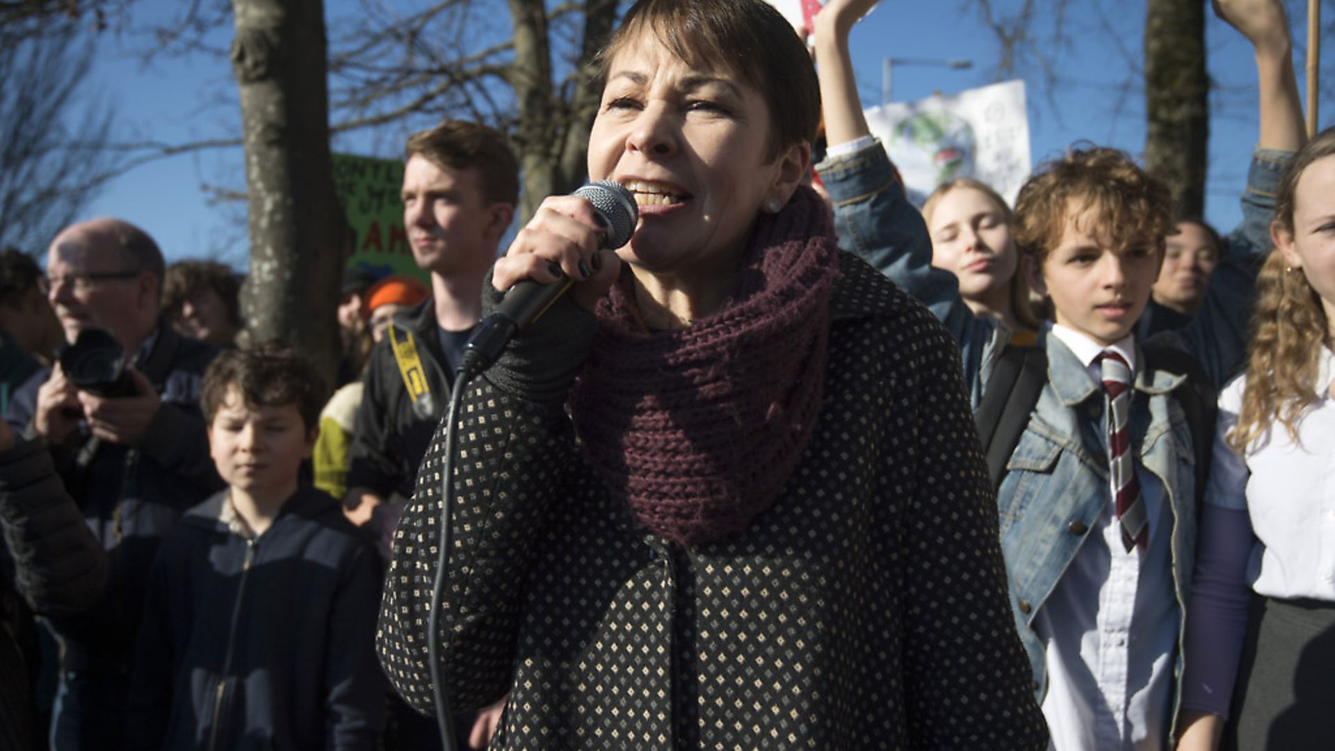 Green party MP Caroline Lucas speaks to students from the Youth Strike 4 Climate movement during a climate change protest in Brighton. Photograph: Kirsty O'Connor/PA. - Credit: PA Wire/PA Images