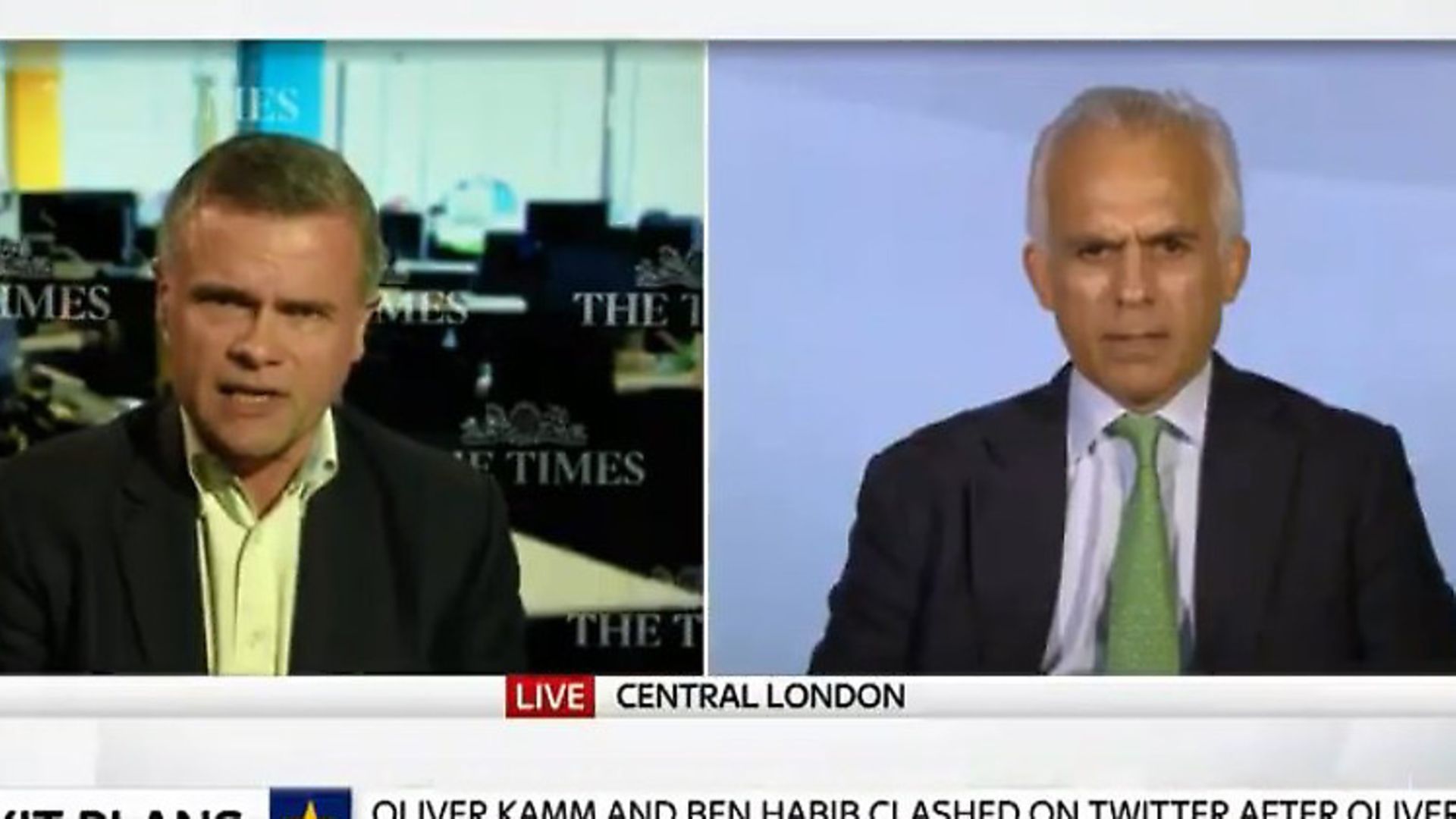 Times writer Oliver Kamm and Brexit Party MEP Ben Habib debate if the party is racist. Photograph: Sky News. - Credit: Archant
