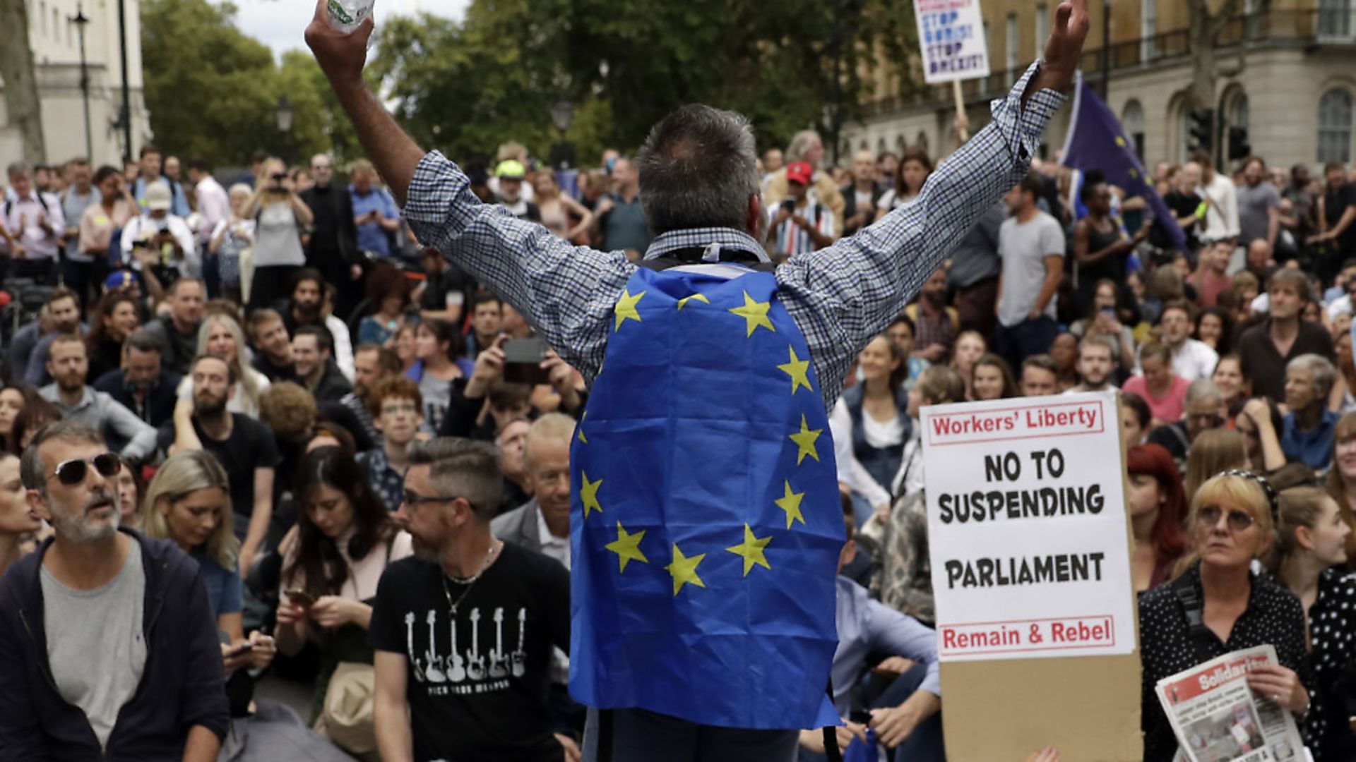 Protesters in Westminster fighting against Boris Johnson's plan to prorogue parliament to force through Brexit. Photograph: Matt Dunham/PA Wire. - Credit: AP