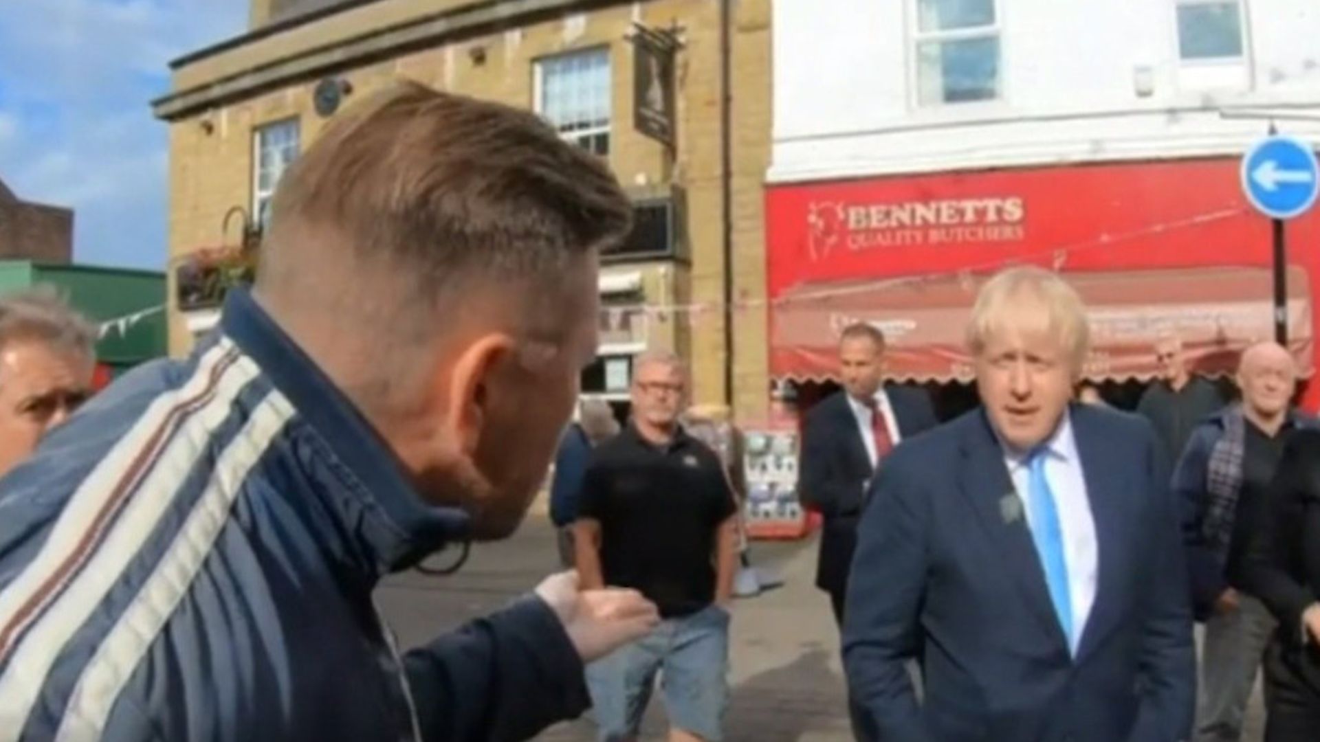 Boris Johnson is heckled in Morley, Yorkshire. Photograph: BBC. - Credit: Archant
